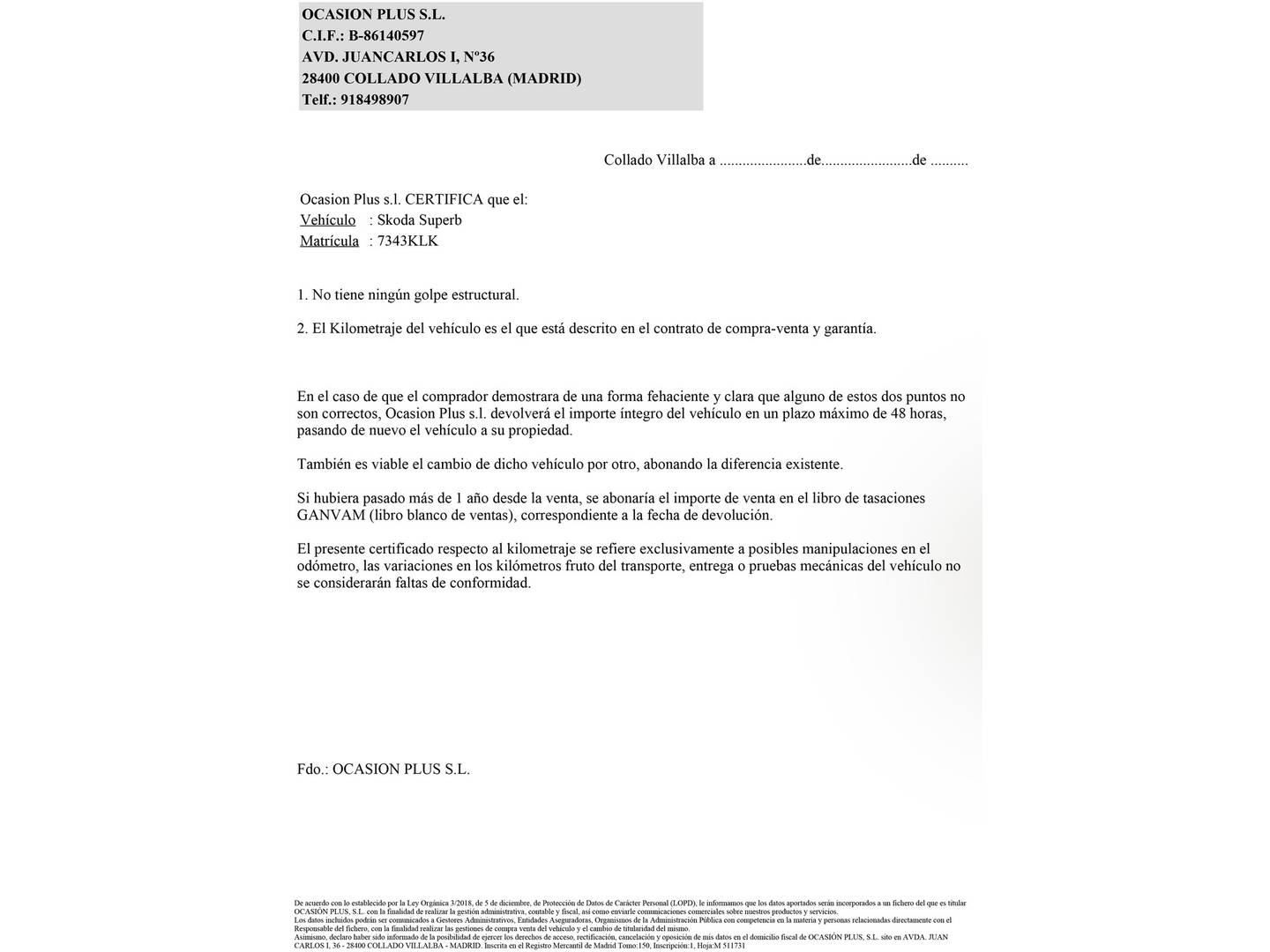 Foto del certificado del Skoda Superb Skoda Superb 2.0 TDI Active DSG (150 CV)