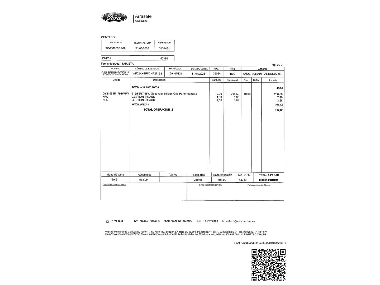 Foto del mantenimiento del Ford Puma Ford Puma 1.0 EcoBoost MHEV Titanium Design (125 CV)