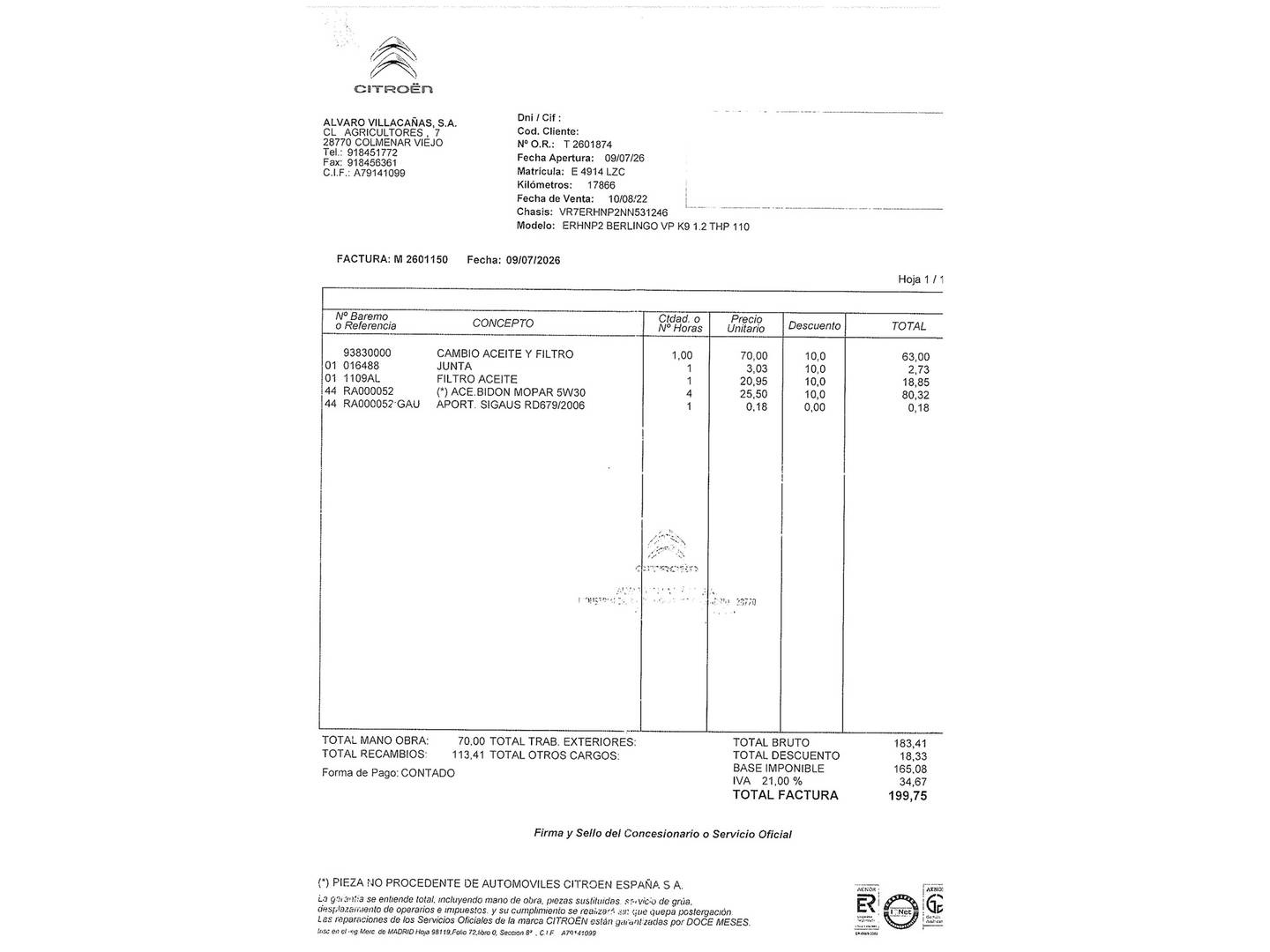 Foto del mantenimiento del Citroën Berlingo Citroën Berlingo PureTech 110 S&S Talla M Feel (110 CV)