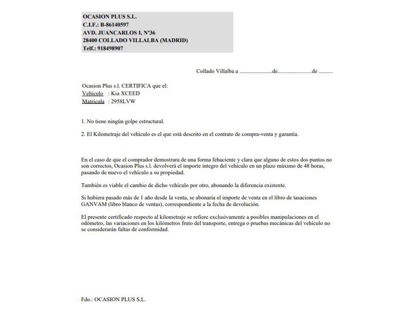 Foto del certificado del KIA XCeed Kia XCeed 1.0 T-GDi Drive (120 CV)