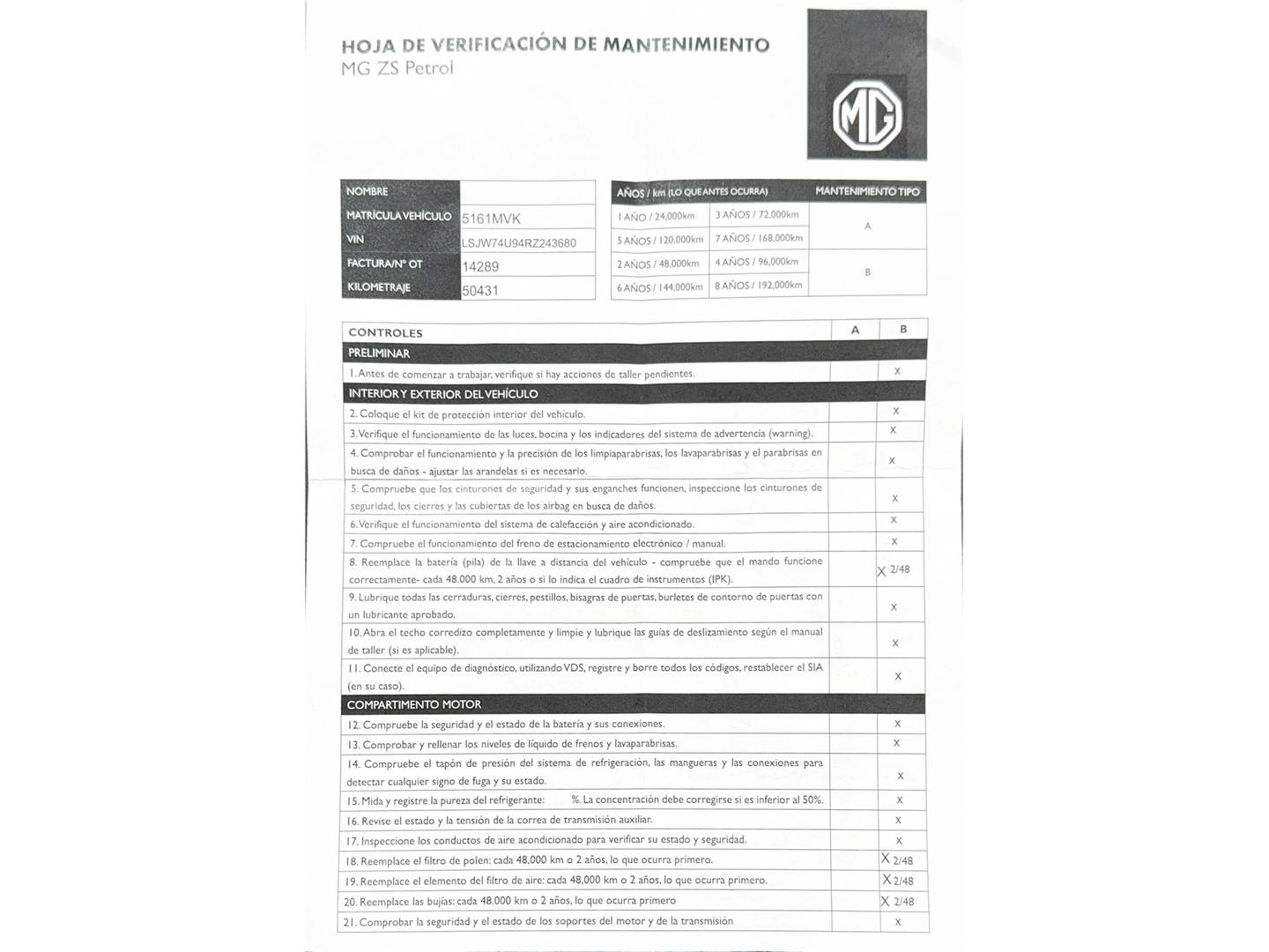 Foto del mantenimiento del MG ZS MG ZS 1.5 Luxury (106 CV)