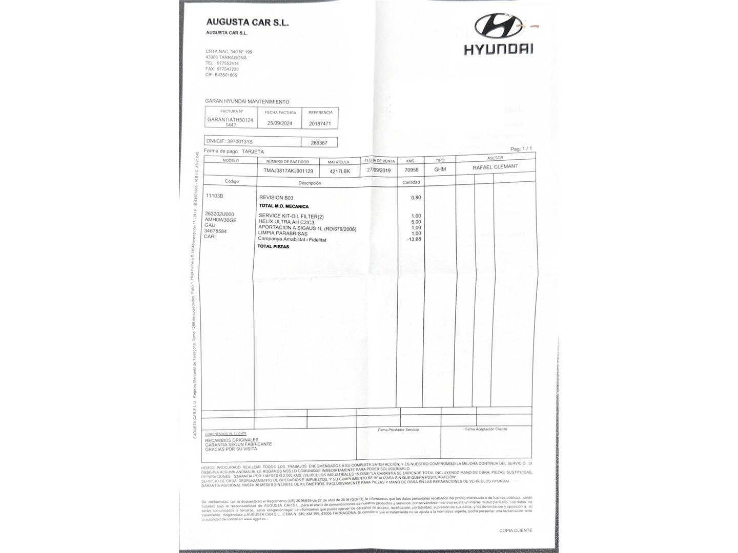 Foto del mantenimiento del Hyundai Tucson Hyundai Tucson 1.6 CRDI 48V N-Line 4X2 (136 CV)