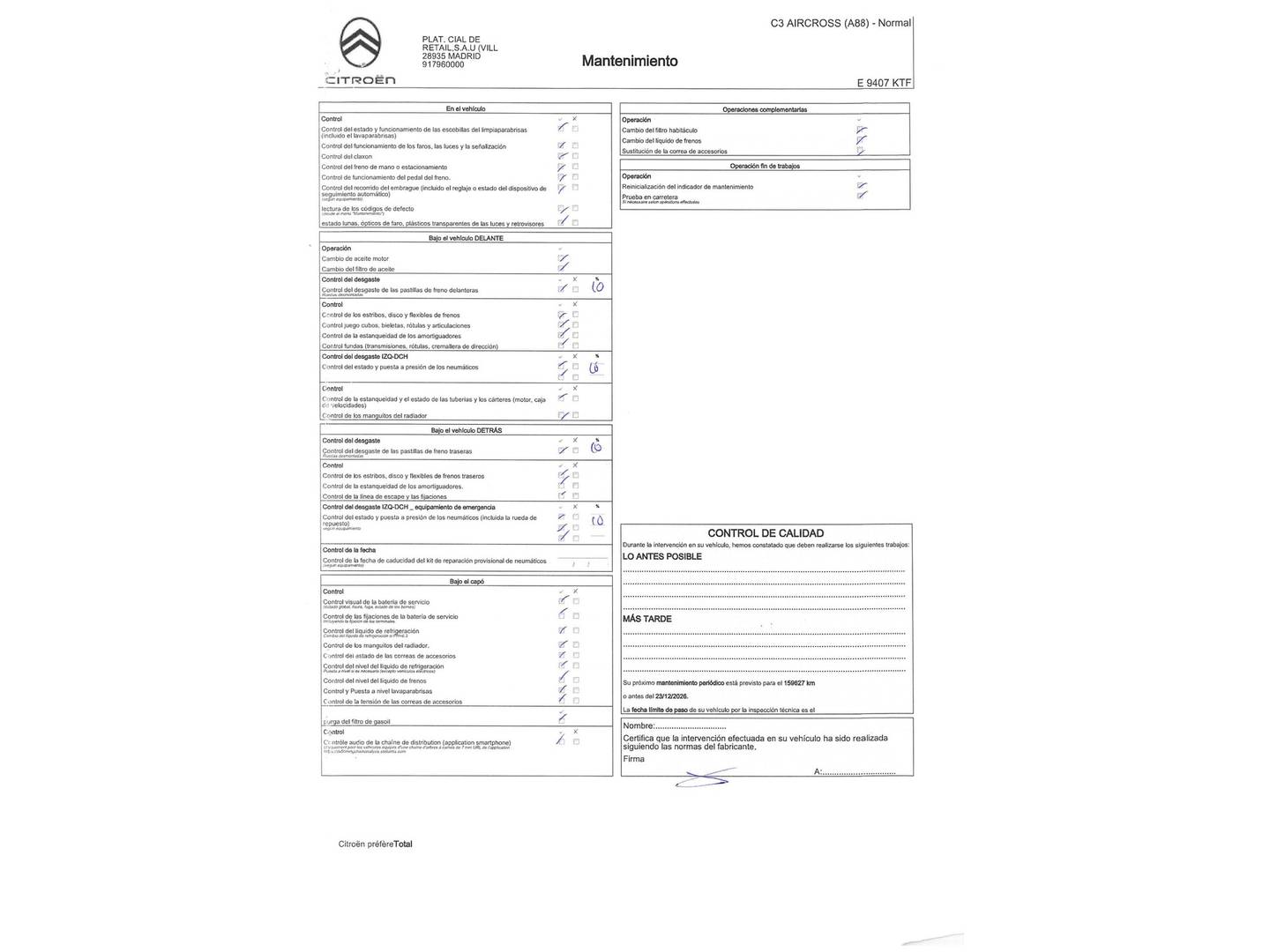 Foto del mantenimiento del Citroën C3 Aircross Citroën C3 Aircross BlueHDi 100 S&S Feel (102 CV)