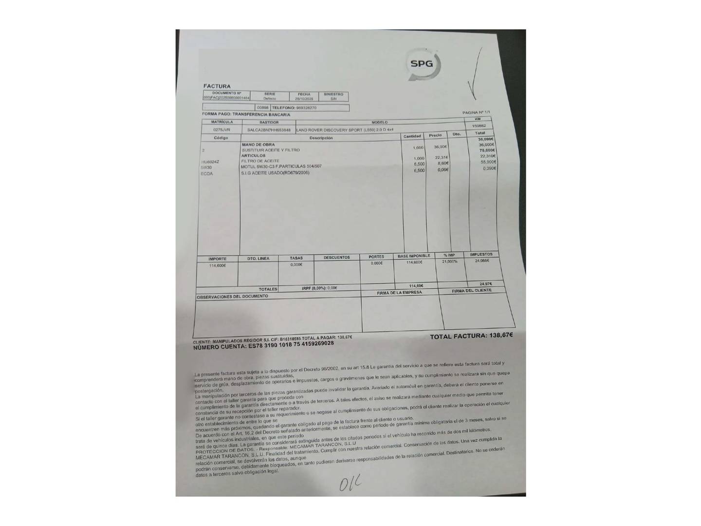 Foto del mantenimiento del Land Rover Discovery Sport Land Rover Discovery Sport 2.0L TD4 SE 4x4 (150 CV)