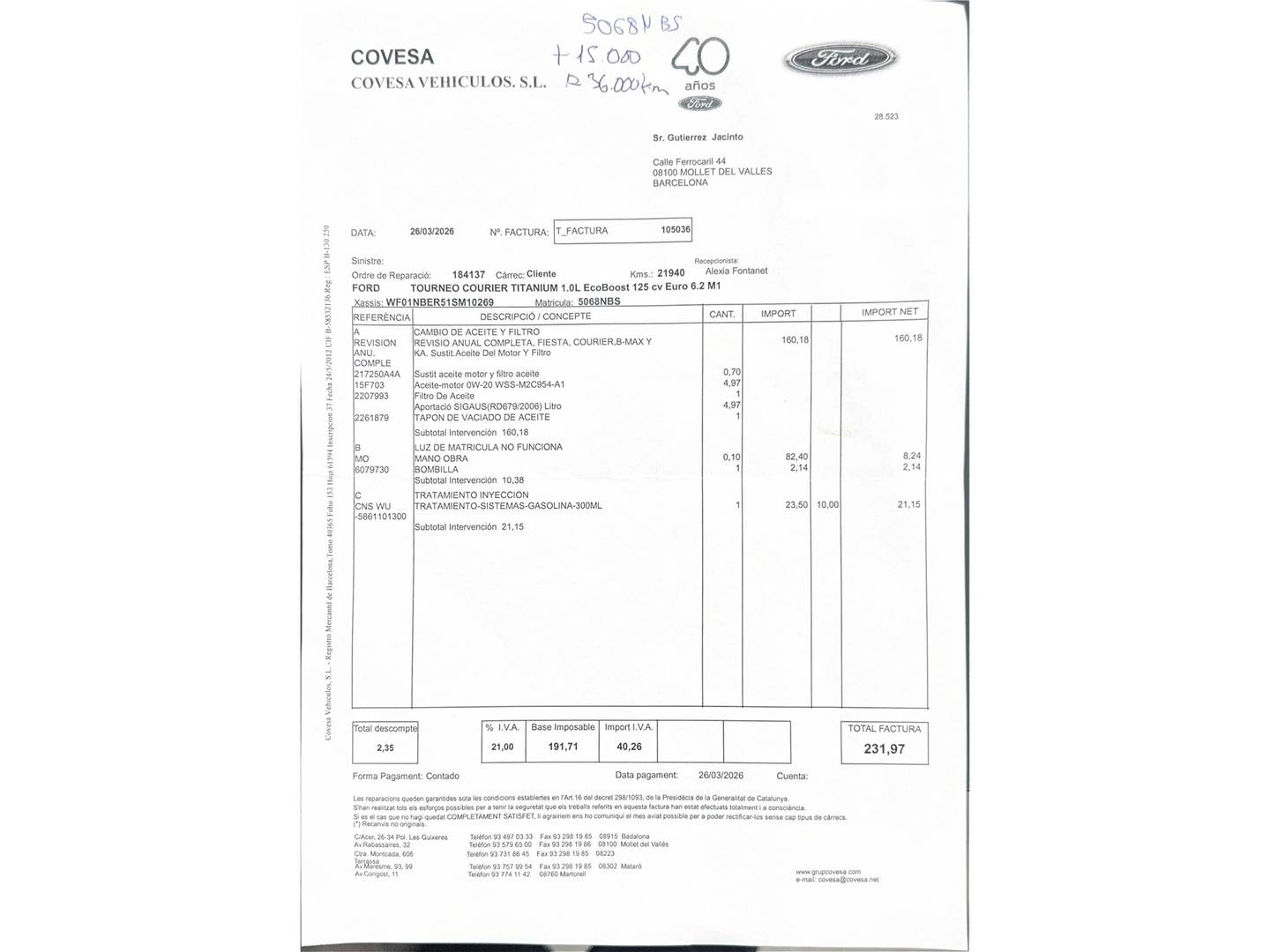 Foto del mantenimiento del Ford Tourneo Courier Ford Tourneo Courier 1.0 EcoBoost Titanium (125 CV)