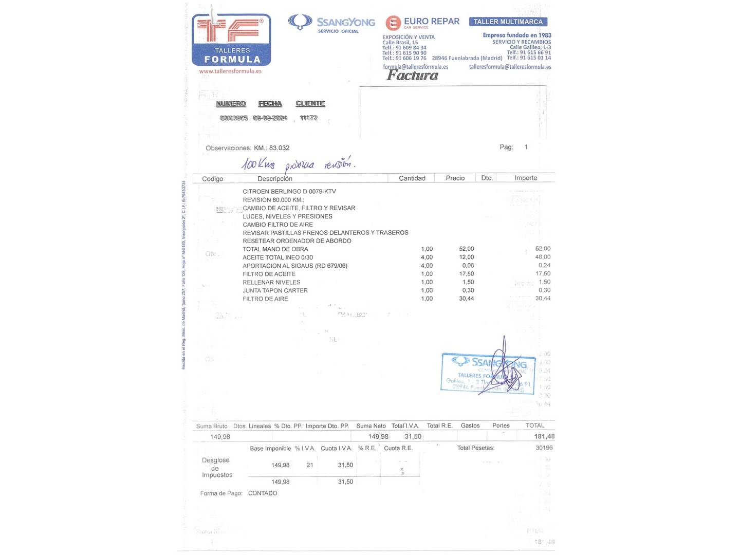 Foto del mantenimiento del Citroën Berlingo Citroën Berlingo BlueHDi 100 S&S Talla M Shine (102 CV)