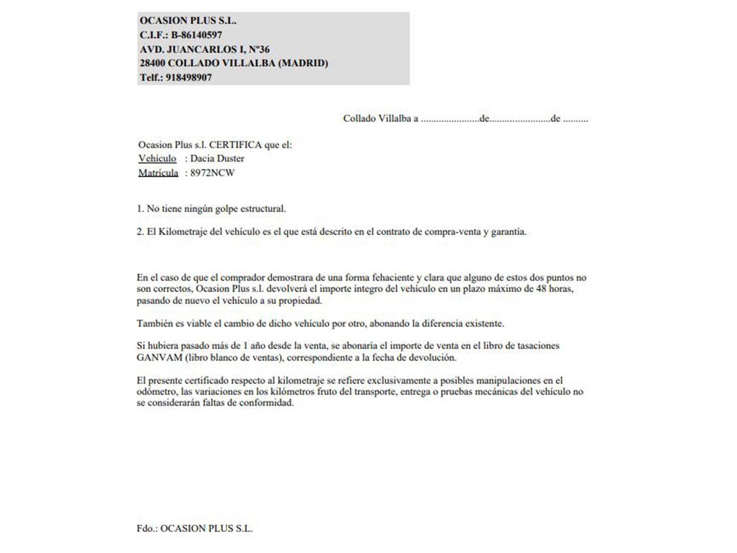 Foto del certificado del Dacia Duster DACIA Duster Expression TCE  (100CV) ECO-G 4X2  (GLP)