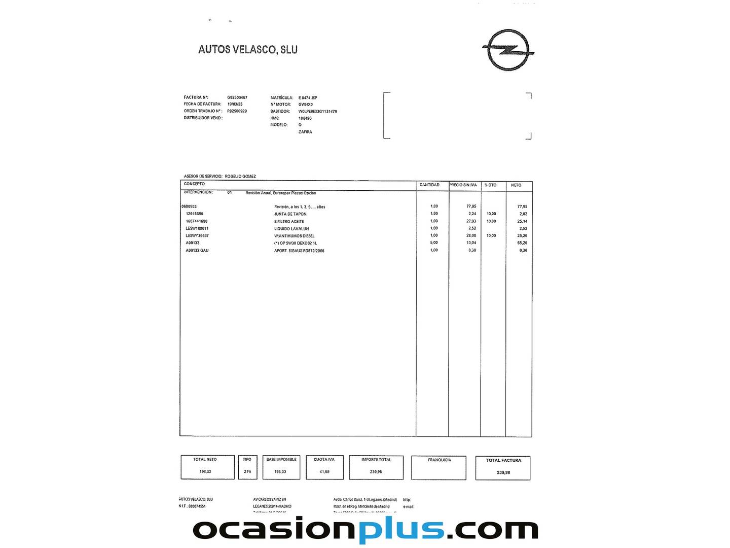 Foto del mantenimiento del Opel Zafira Tourer Opel Zafira Tourer 1.6 CDTi S&S Selective (136 CV) 7 Plazas