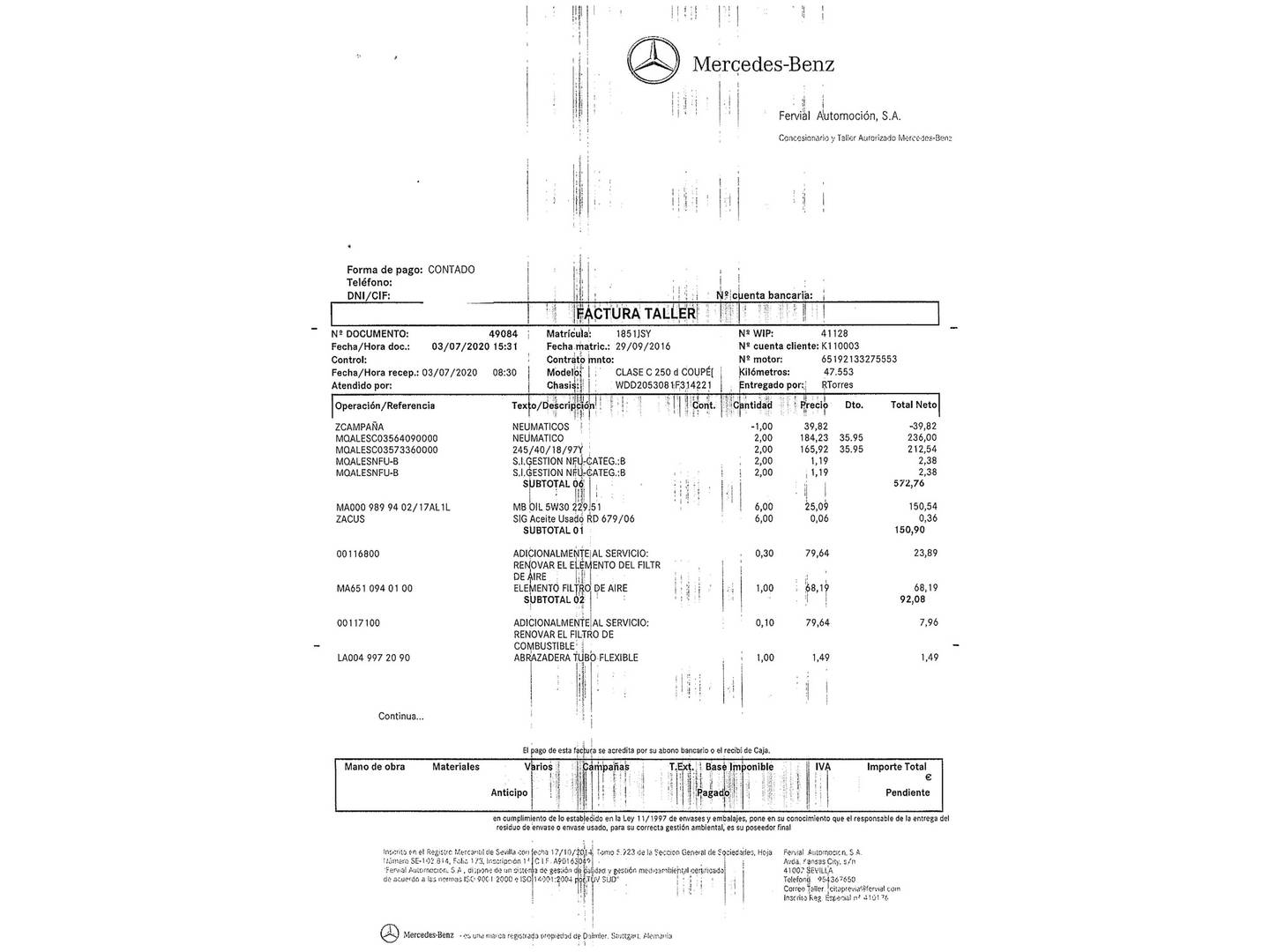 Foto del mantenimiento del Mercedes Clase C Mercedes Clase C C Coupe 250 d (204 CV) Pack AMG