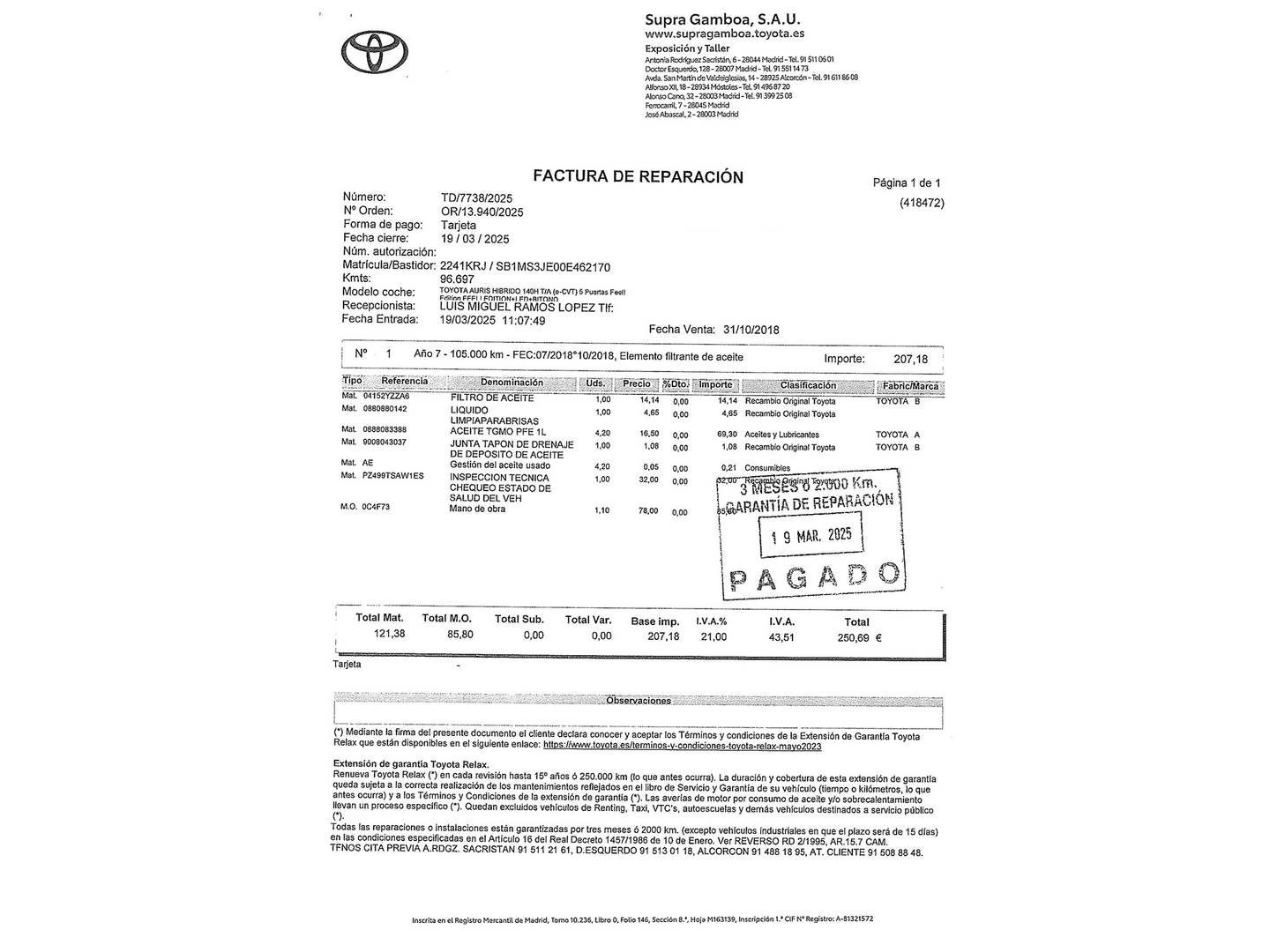 Foto del mantenimiento del Toyota Auris Toyota Auris 140H Hybrid Feel! (136 CV)