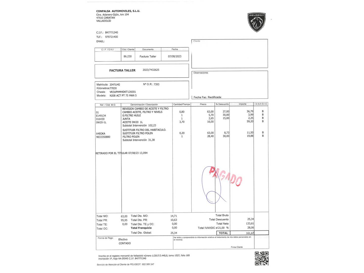 Foto del mantenimiento del Peugeot 208 Peugeot 208 PureTech 75 S&S Active  (75 CV)