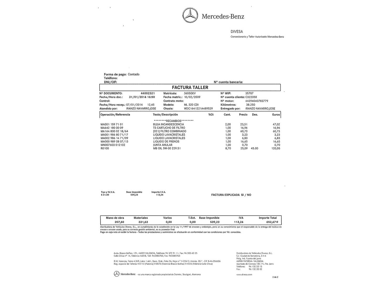 Foto del mantenimiento del Mercedes Clase M Mercedes Clase M ML 320 CDI Edition 10 (224 CV)