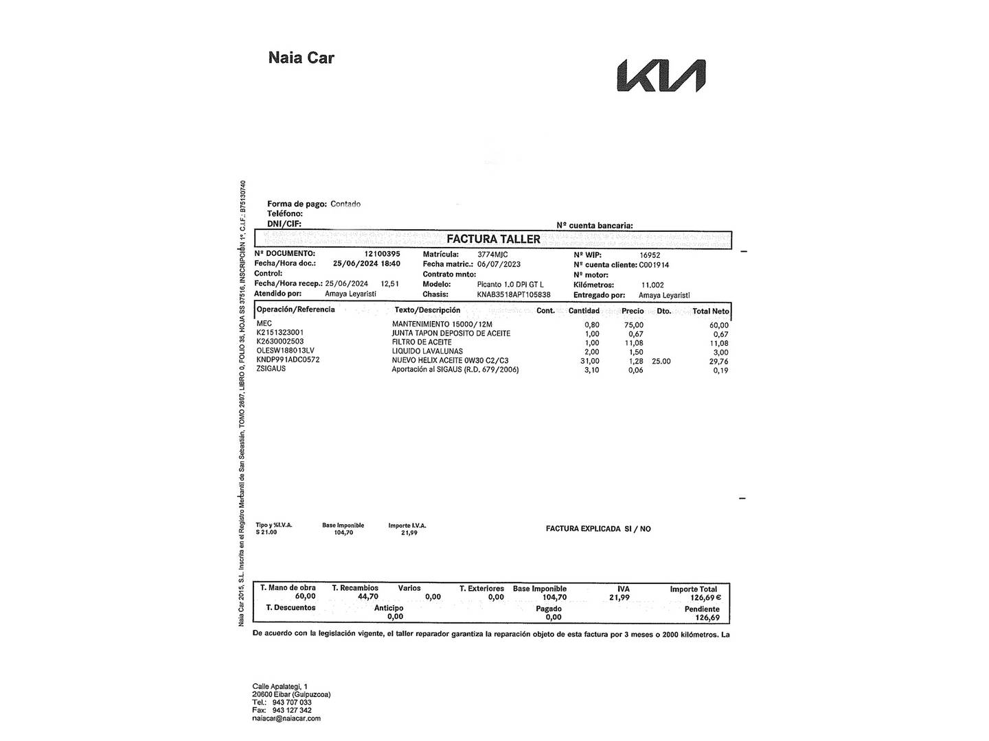 Foto del mantenimiento del KIA Picanto Kia Picanto 1.0 DPi GT Line (67 CV)