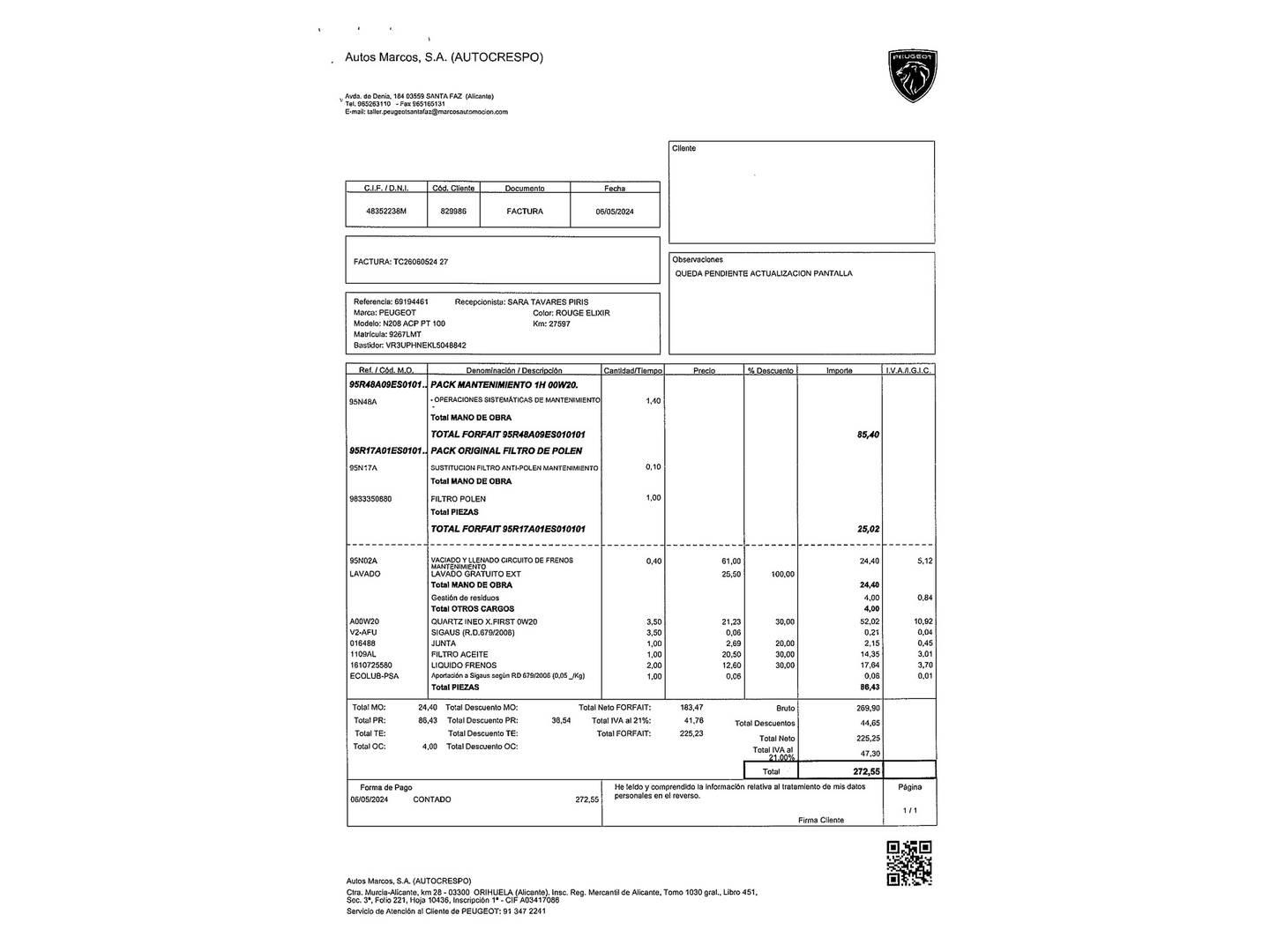 Foto del mantenimiento del Peugeot 208 Peugeot 208 PureTech 100 Active Pack (100 CV)