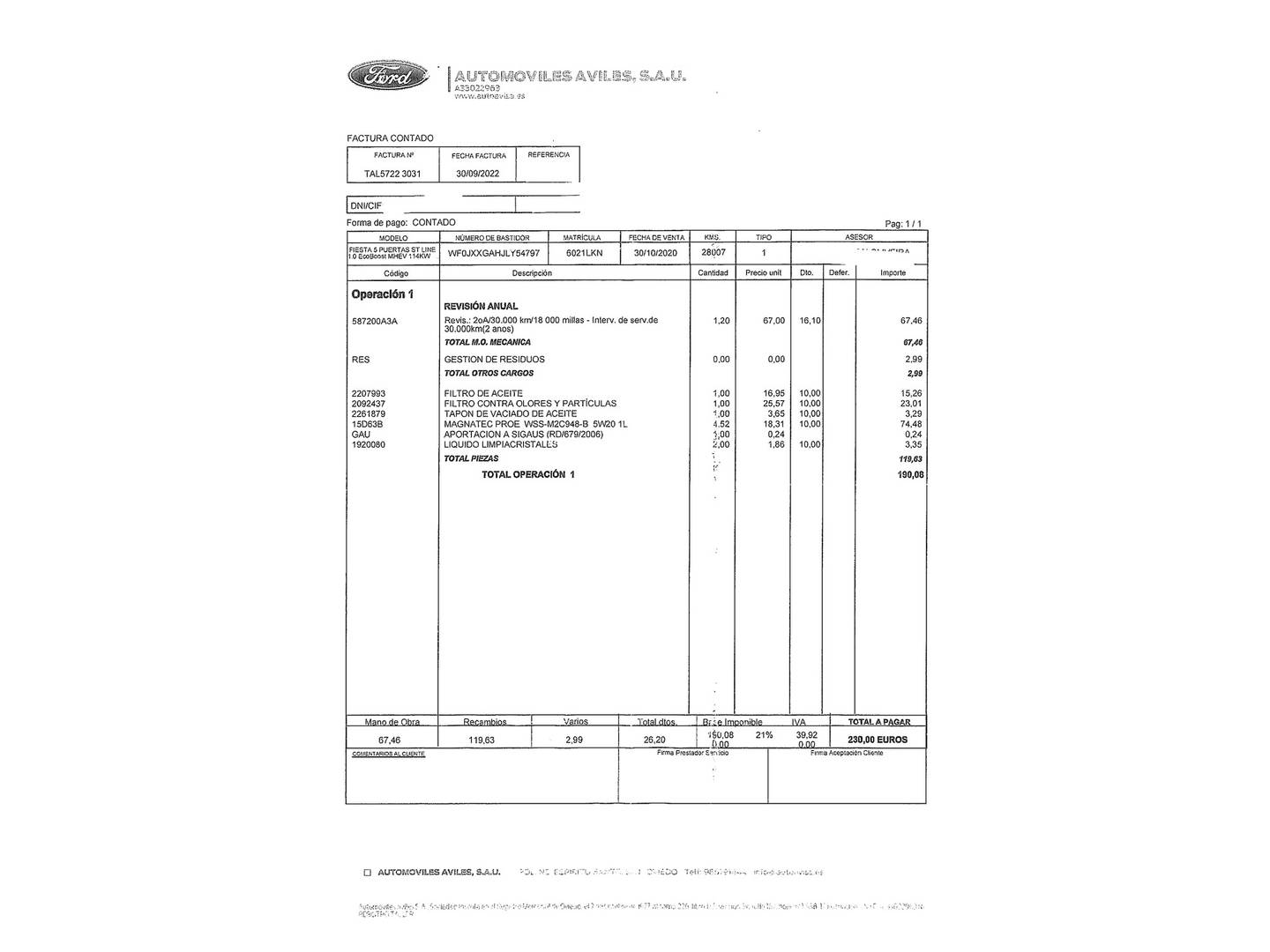 Foto del mantenimiento del Ford Fiesta Ford Fiesta 1.0 EcoBoost MHEV ST-Line (155 CV)