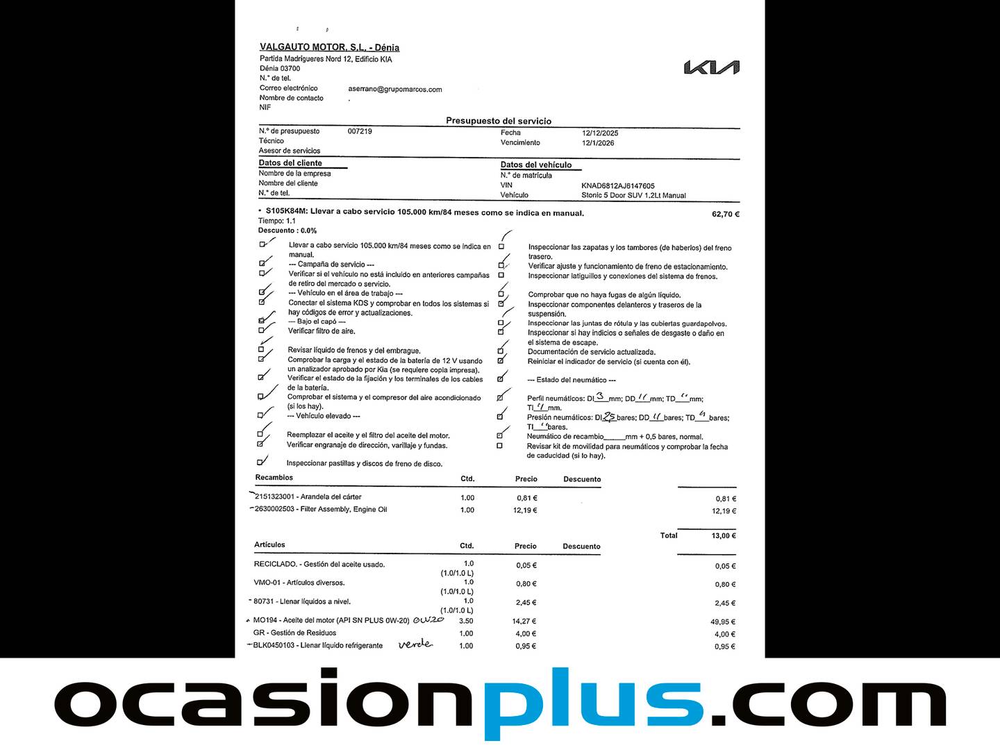 Foto del mantenimiento del KIA Stonic Kia Stonic 1.2 CVVT Eco-Dynamic Tech (84 CV)