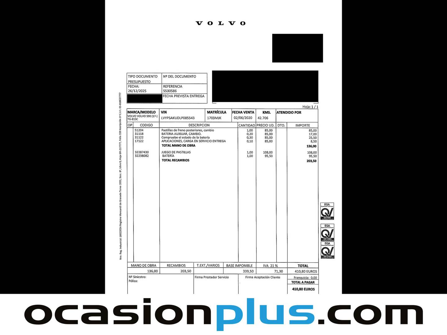 Foto del mantenimiento del Volvo S90 Volvo S90 T4 Business Plus Auto  (190 CV)