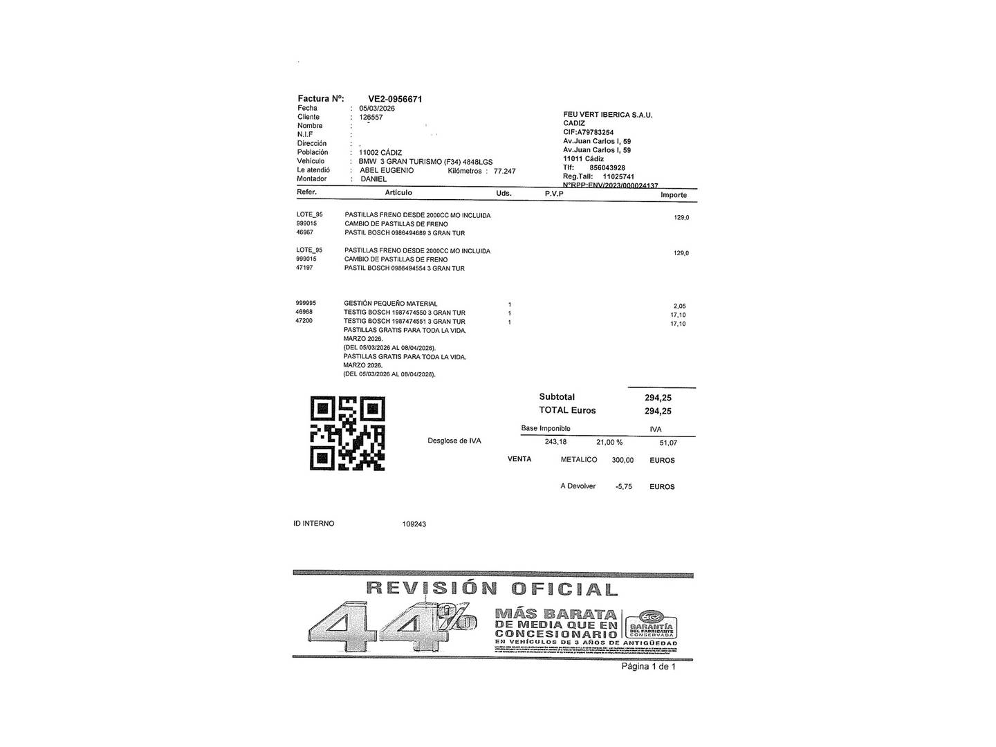 Foto del mantenimiento del BMW Serie 3 BMW Serie 3 318d Gran Turismo (150 CV)