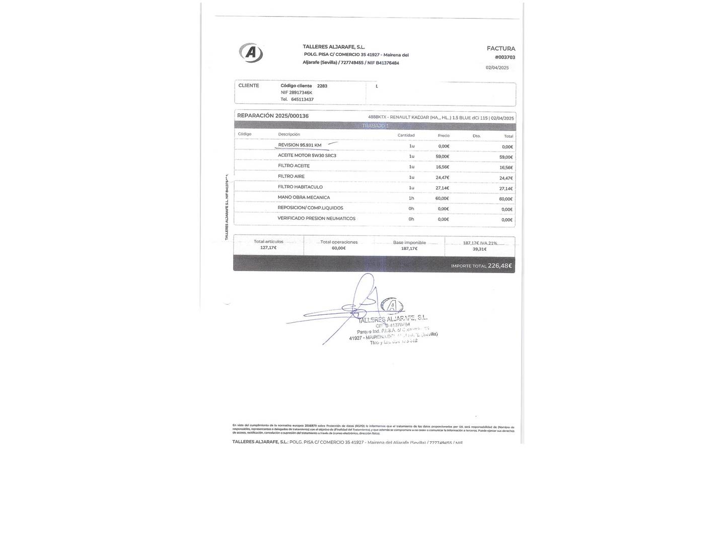 Foto del mantenimiento del Renault Kadjar Renault Kadjar Zen Blue dCi (115 CV)