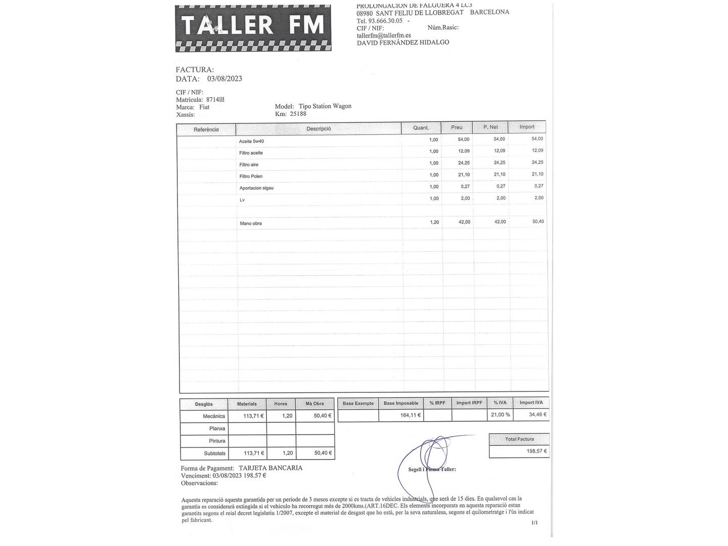 Foto del mantenimiento del Fiat Tipo Fiat Tipo SW 1.4 T-Jet Lounge (120 CV)