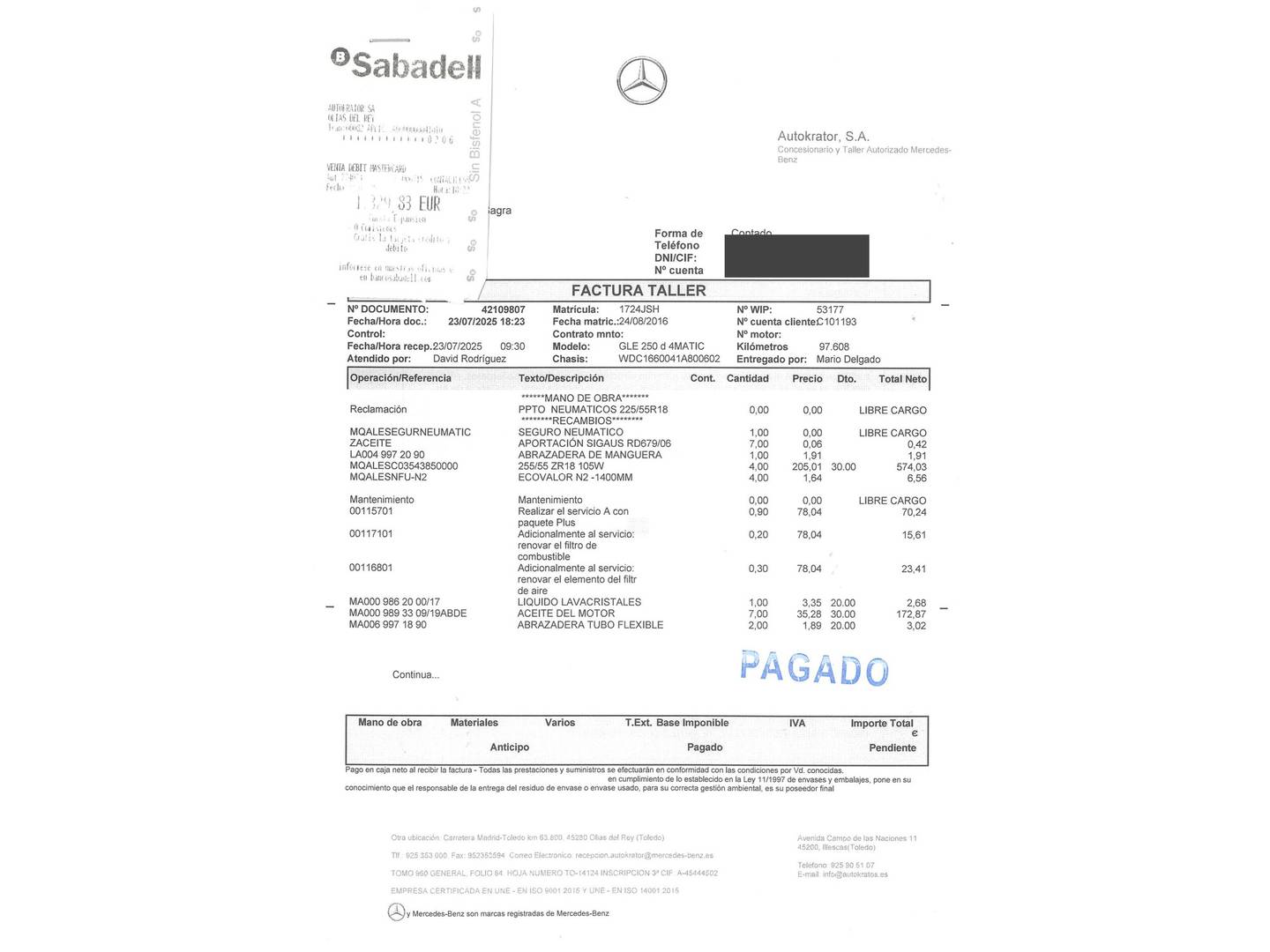 Foto del mantenimiento del Mercedes Clase GLE Mercedes GLE 250 d 4Matic (204 CV)