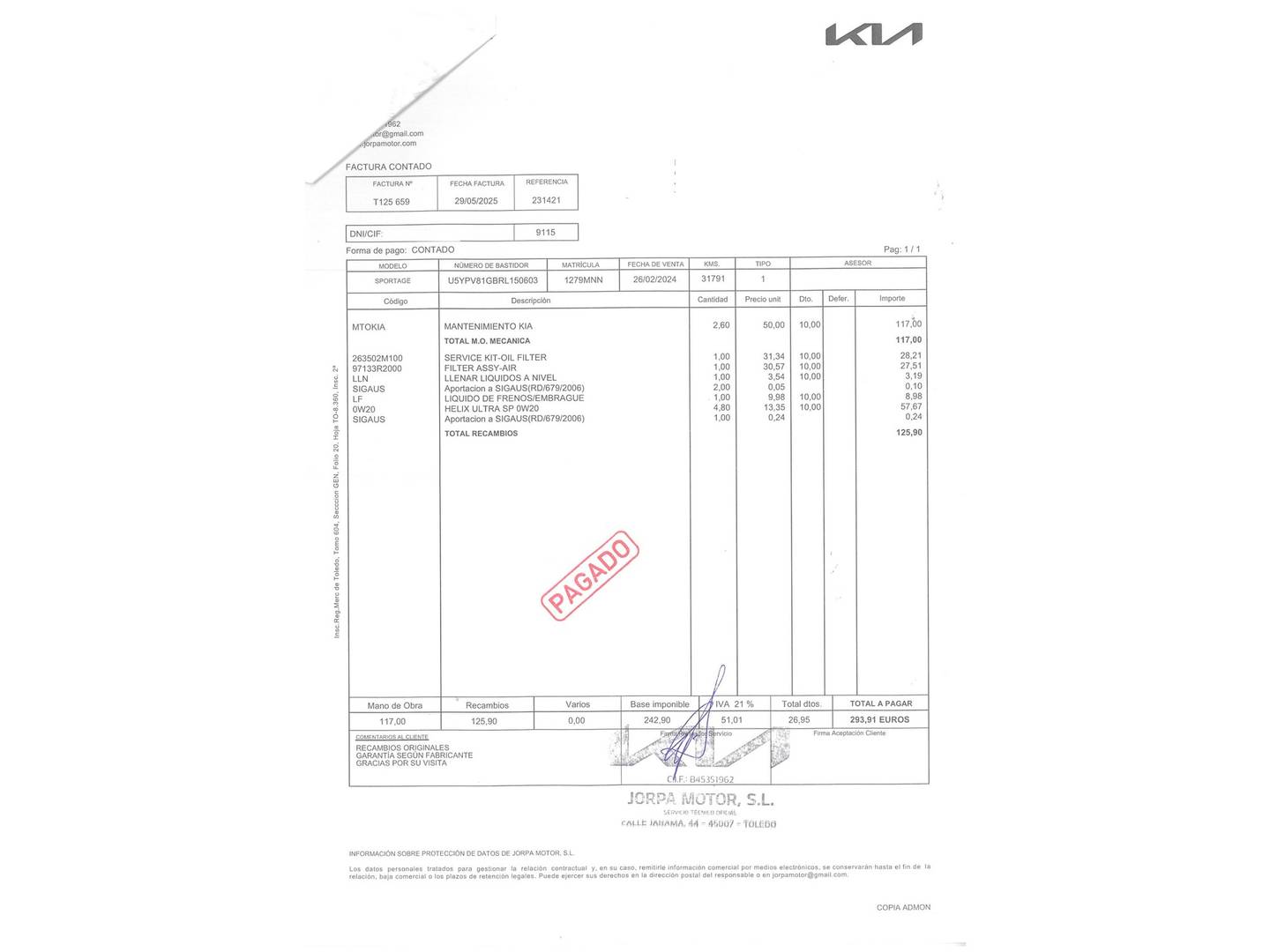 Foto del mantenimiento del KIA Sportage KIA Sportage 1.6 T-GDi HEV Tech 4x2 (230 CV)