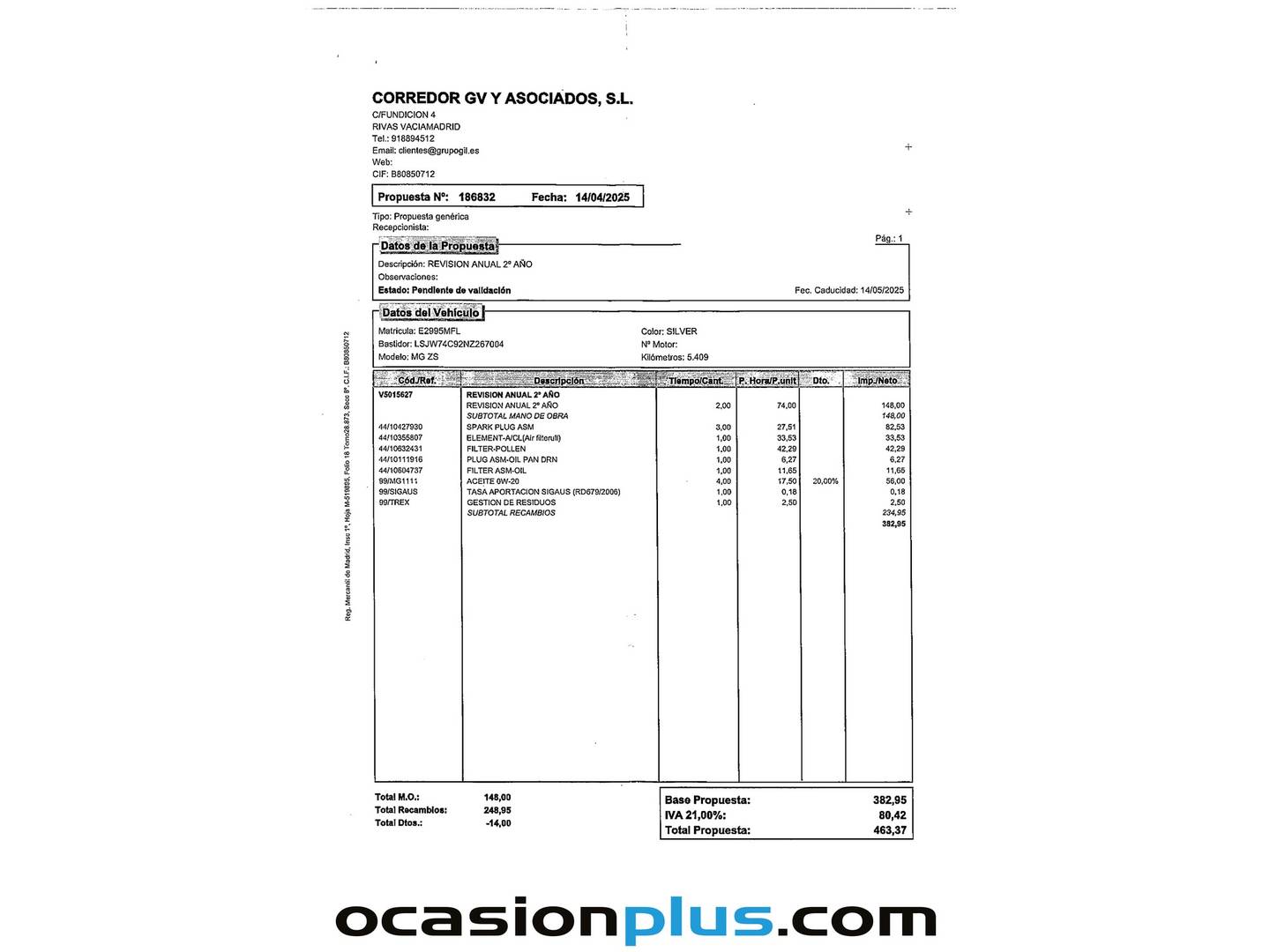 Foto del mantenimiento del MG ZS MG ZS 1.0T Comfort Auto (111 CV)
