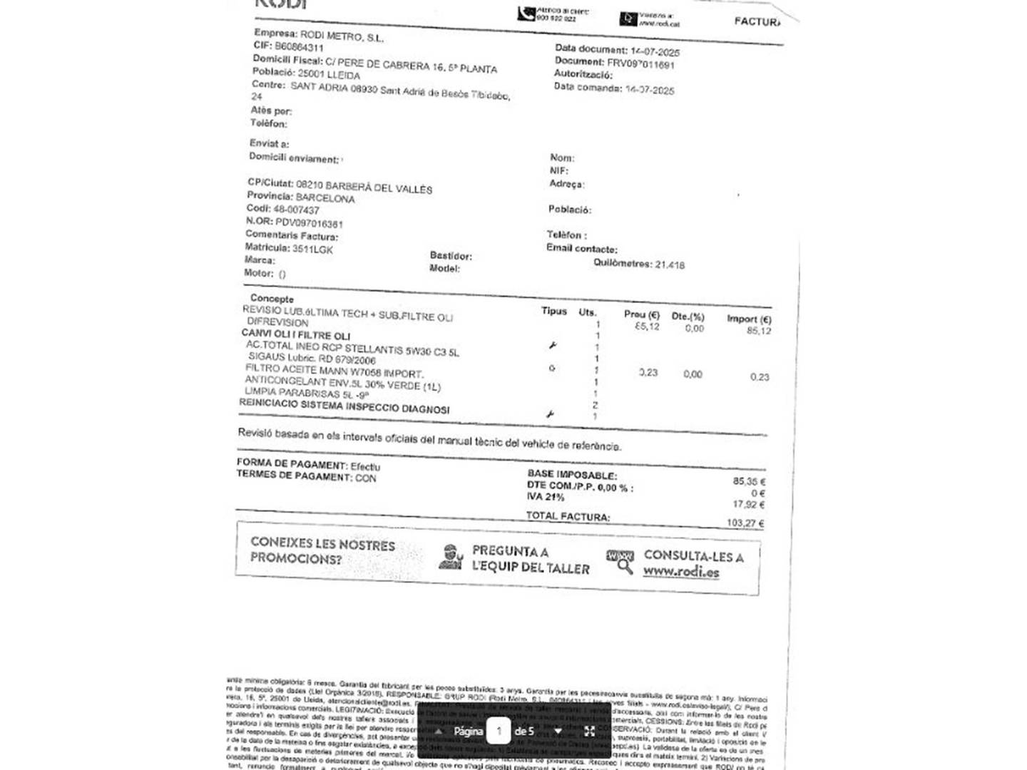 Foto del mantenimiento del Citroën C5 Aircross Citroën C5 Aircross PureTech 130 S&S Feel (131 CV)