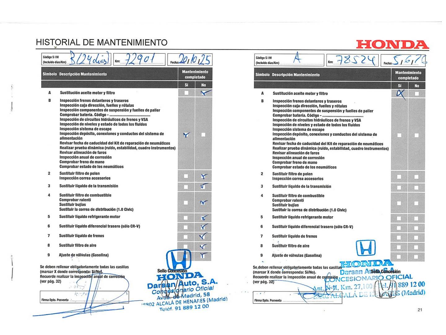 Foto del mantenimiento del Honda Civic Honda Civic 1.0 I-VTEC TURBO Elegance Navi (126 CV)
