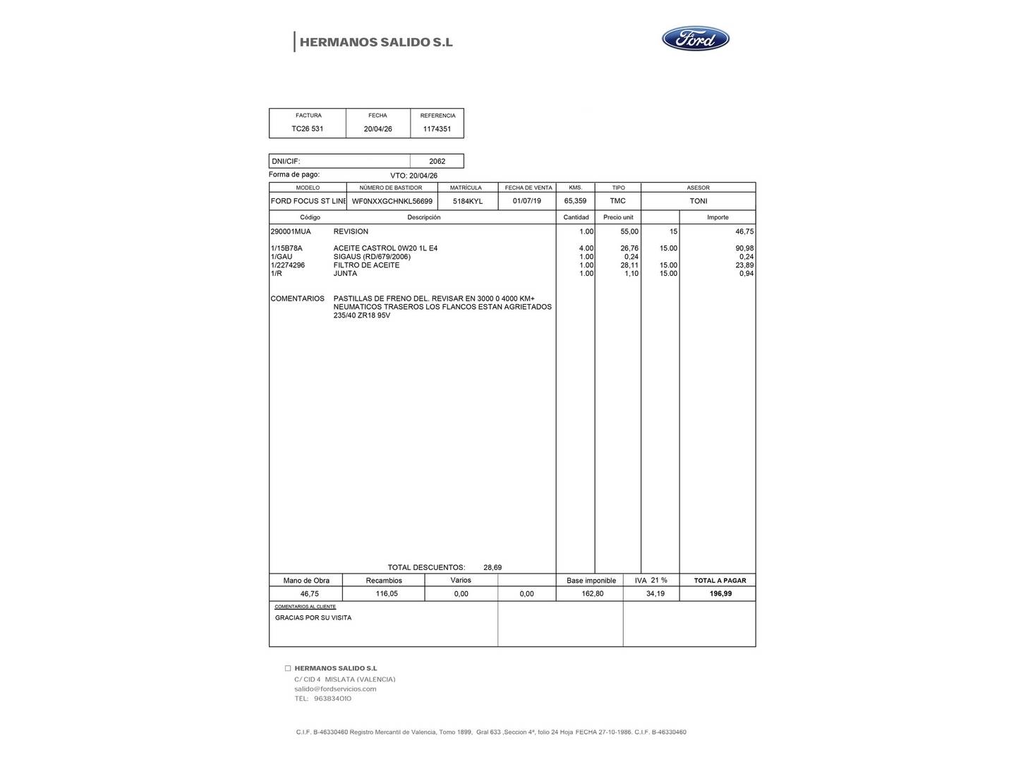 Foto del mantenimiento del Ford Focus Ford Focus 1.5 Ecoblue ST-Line Auto (120 CV)