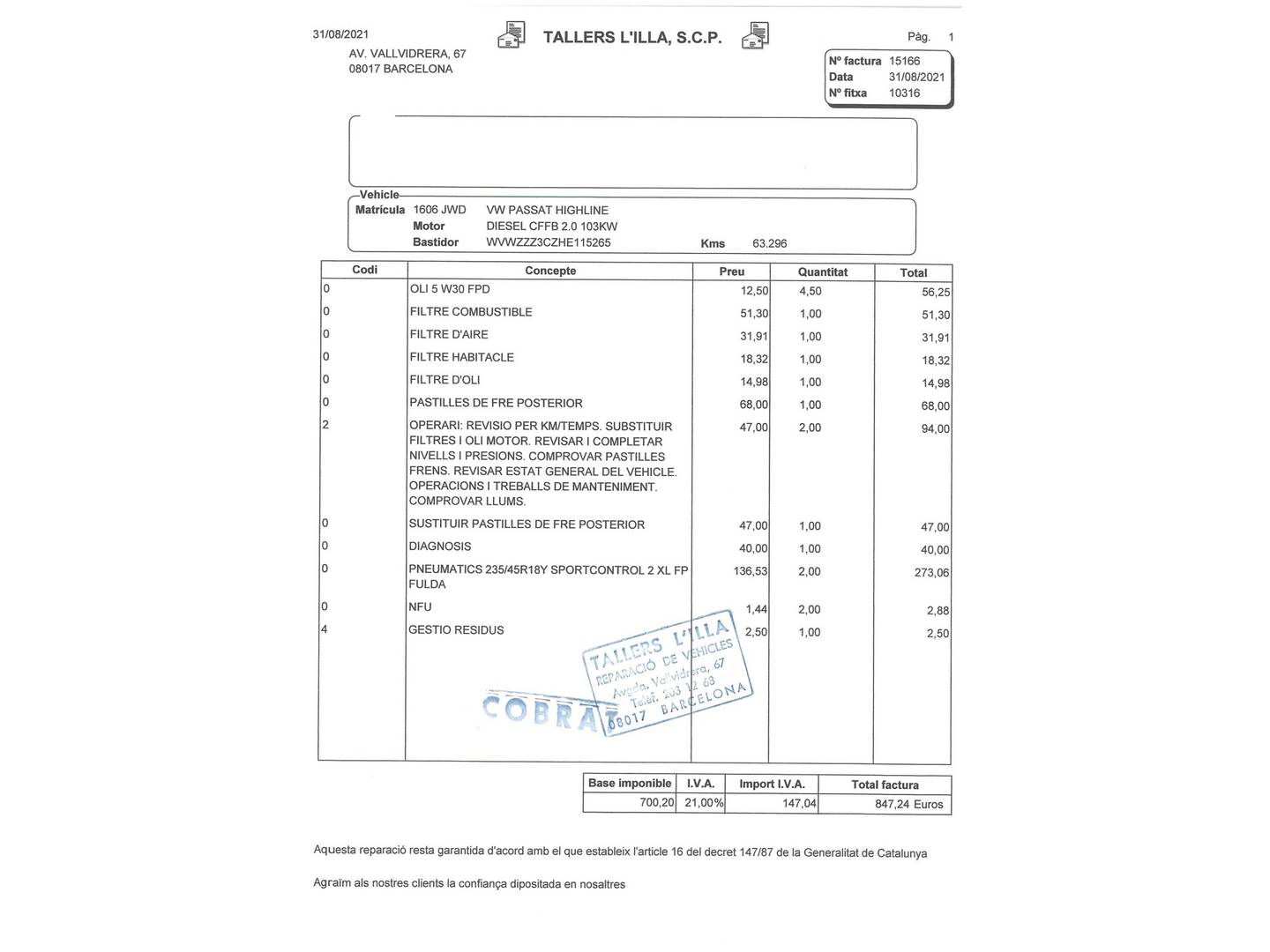 Foto del mantenimiento del Volkswagen Passat Volkswagen Passat Variant V2.0 TDI BMT (150 CV) DSG