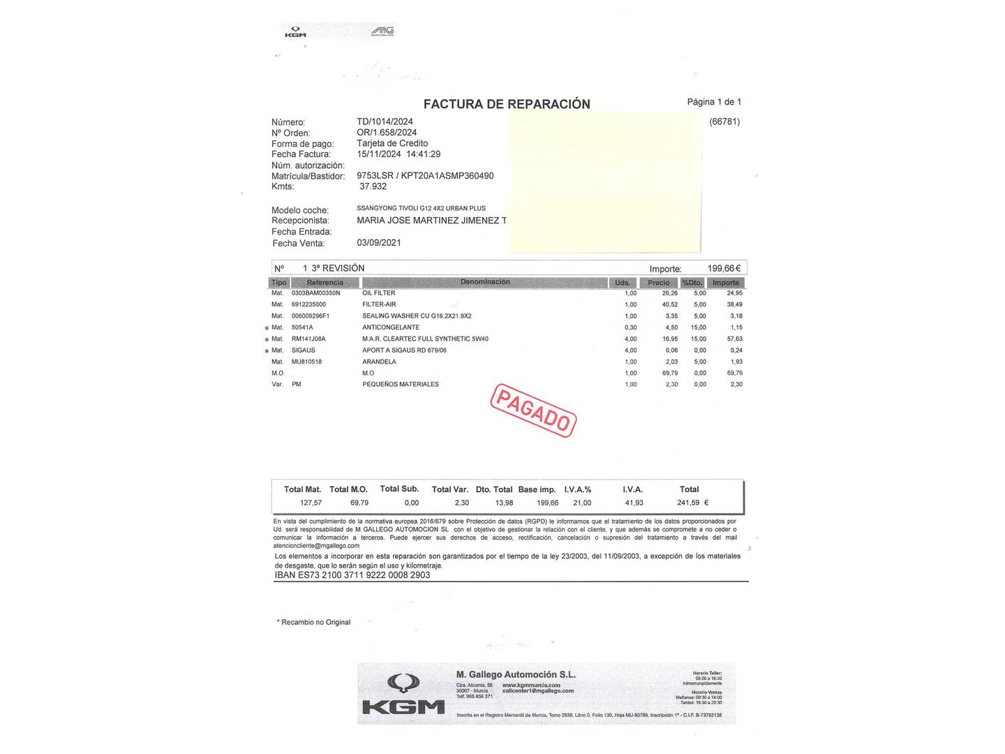 Foto del mantenimiento del SsangYong Tivoli SsangYong Tivoli 1.2 G12T Urban (128 CV)
