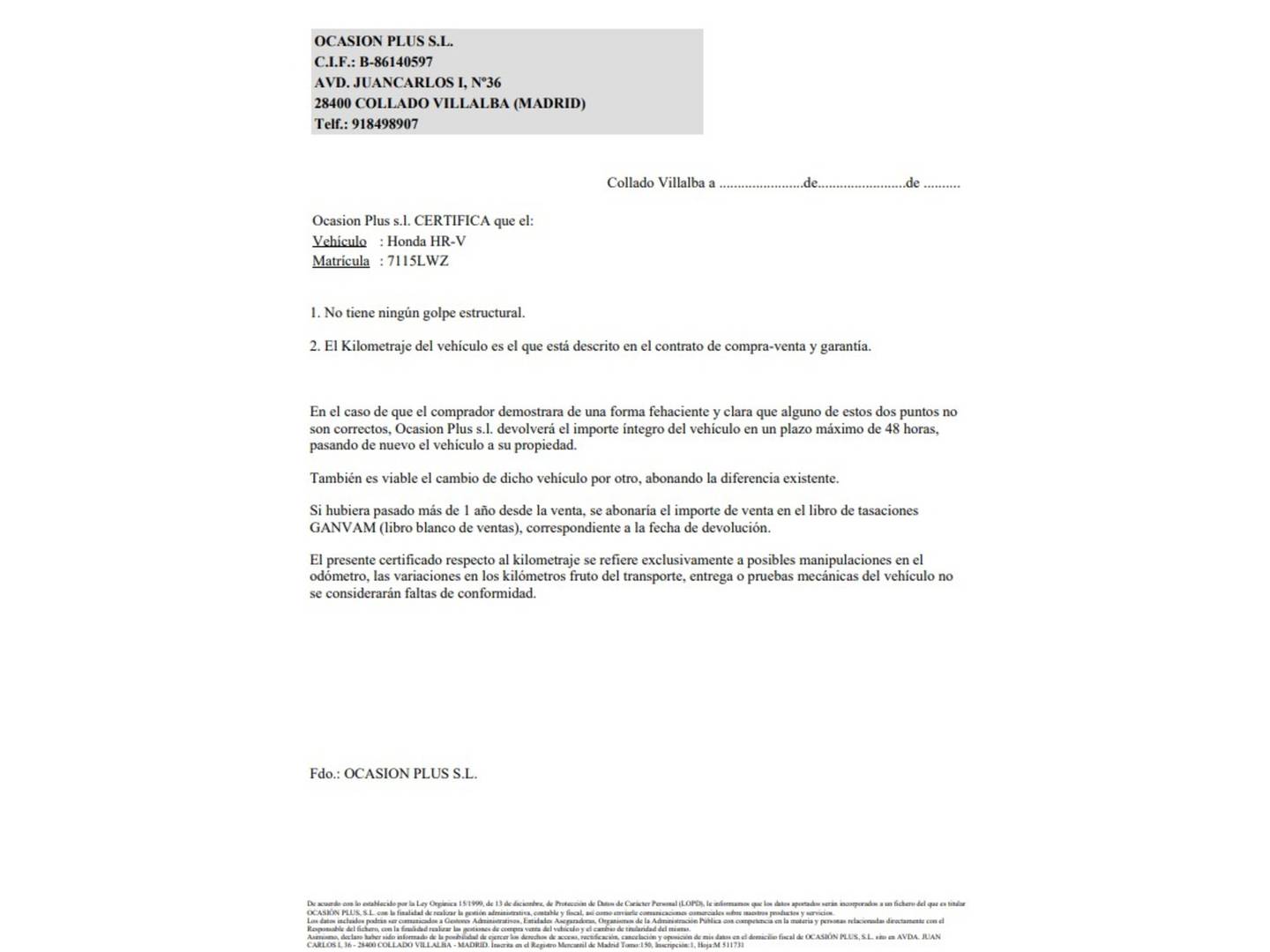 Foto del certificado del Honda HR-V Honda HR-V 1.5 i-MMD Advance 4x2 Auto (131 CV)