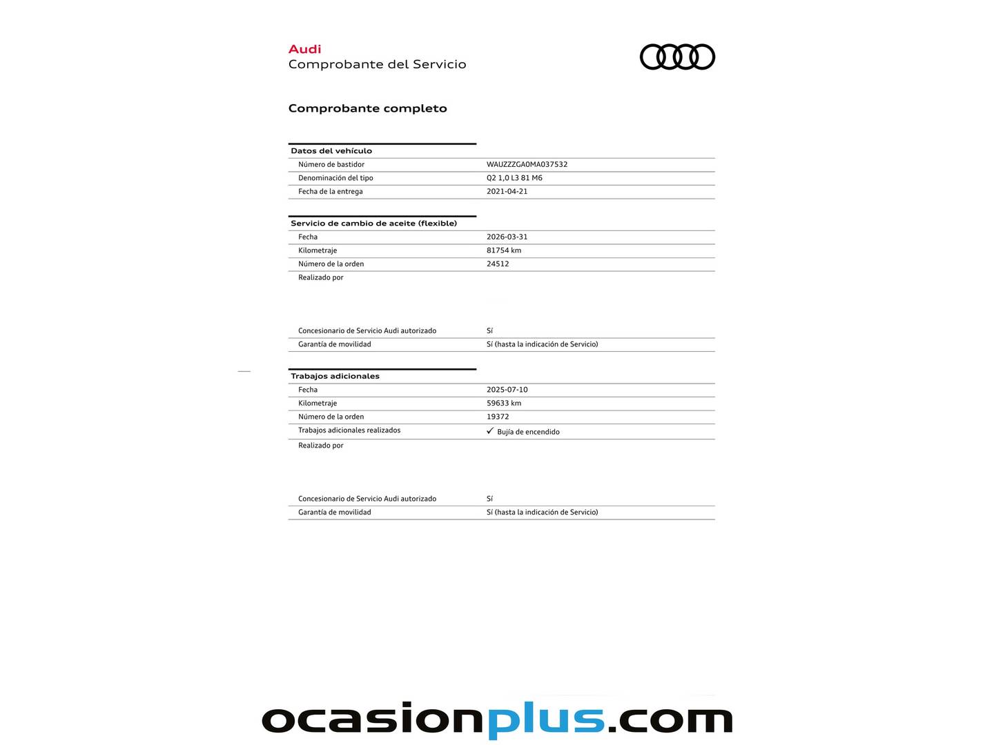 Foto del mantenimiento del Audi Q2 Audi Q2 Advanced 30 TFSI (110 CV)