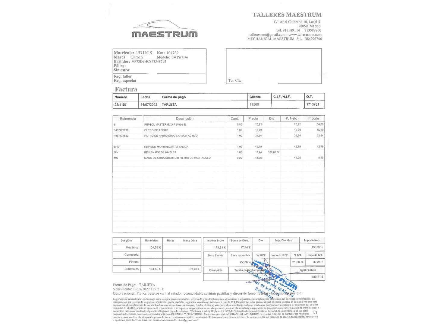 Foto del mantenimiento del Citroën C4 Picasso Citroën C4 Picasso 1.6 e-HDI Intensive (115 CV)