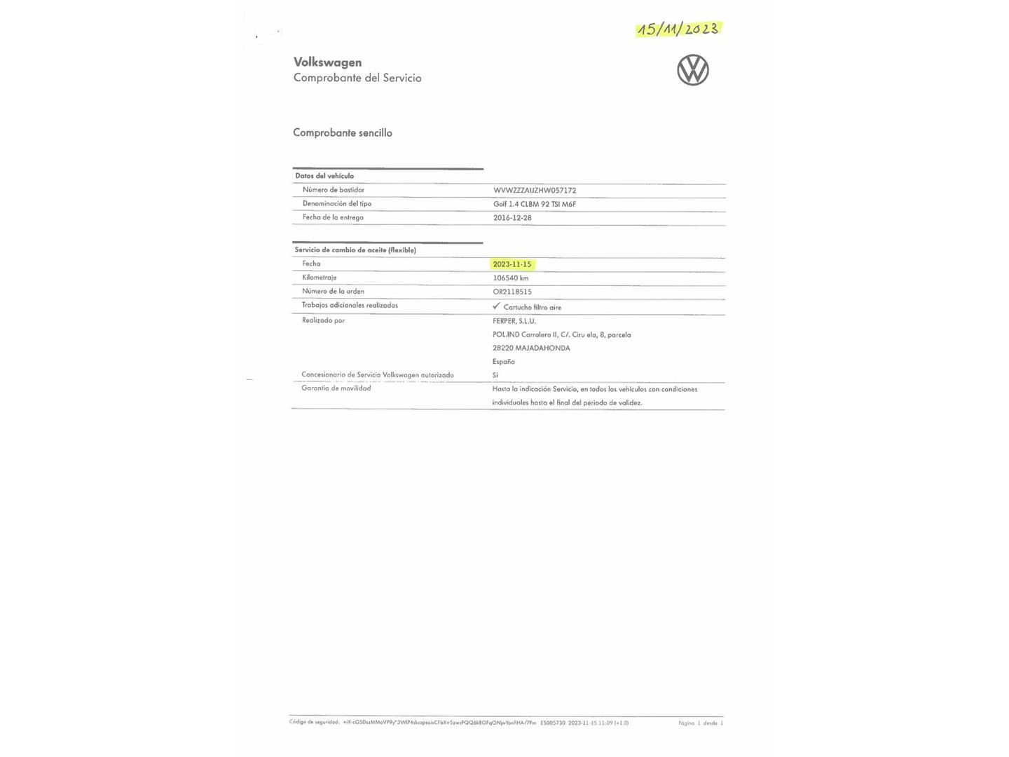 Foto del mantenimiento del Volkswagen Golf Volkswagen Golf Advance 1.4 TSI BMT (125 CV)