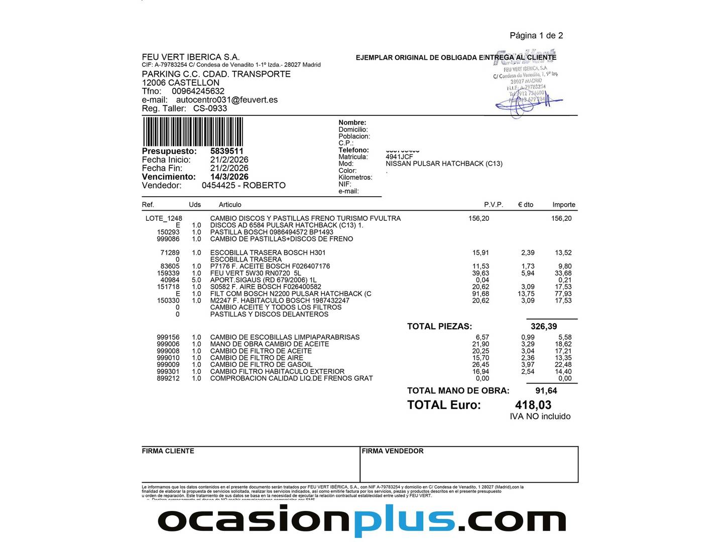Foto del mantenimiento del Nissan PULSAR Nissan Pulsar 1.5 dCi N Tec (110 CV)