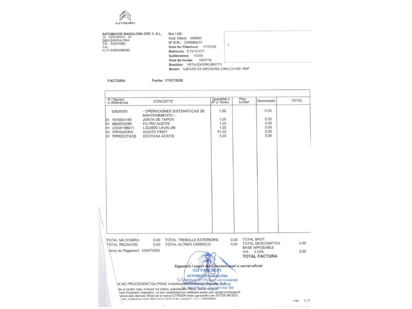 Foto del mantenimiento del Citroën C5 Aircross Citroën C5 Aircross BlueHdi 180 S&S Shine EAT8 (177 CV)