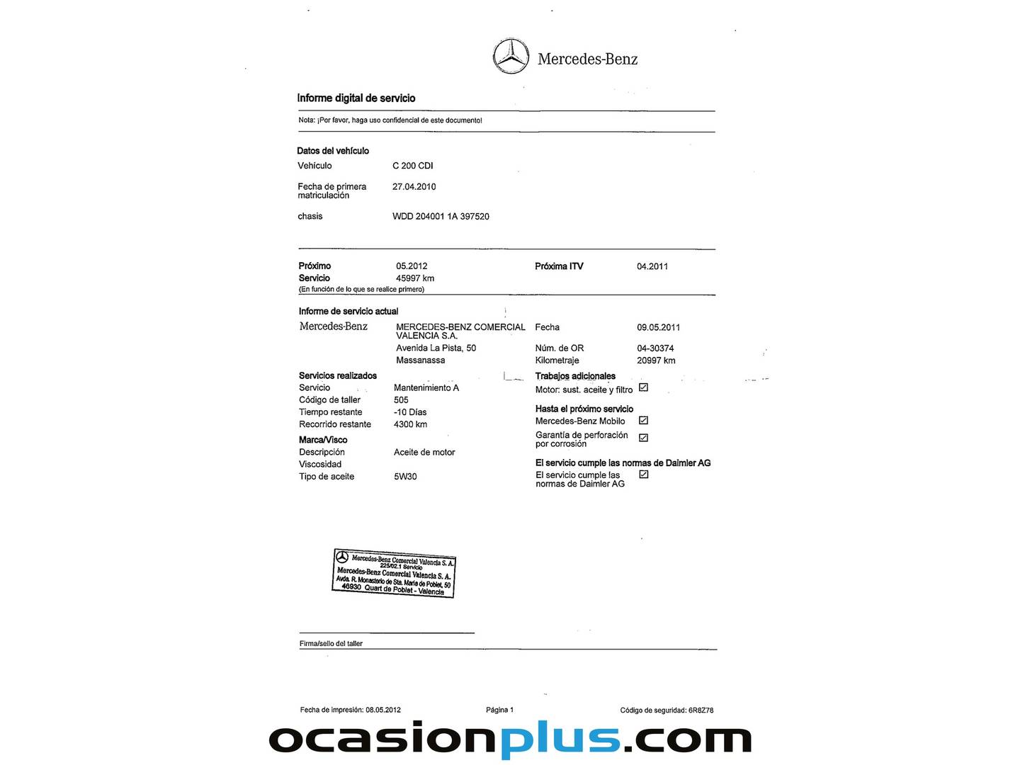 Foto del mantenimiento del Mercedes Clase C Mercedes Clase C CDI Blue Efficiency Avantgarde (136 CV)
