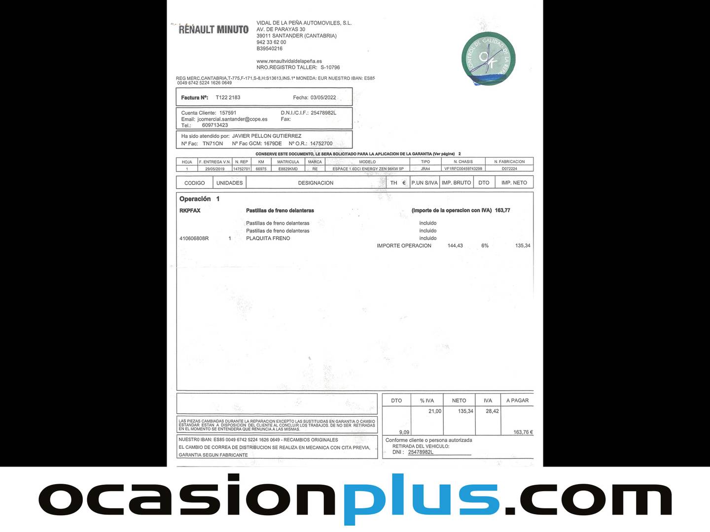 Foto del mantenimiento del Renault Espace Renault Espace Zen Energy dCi (130 CV) 7 PLAZAS