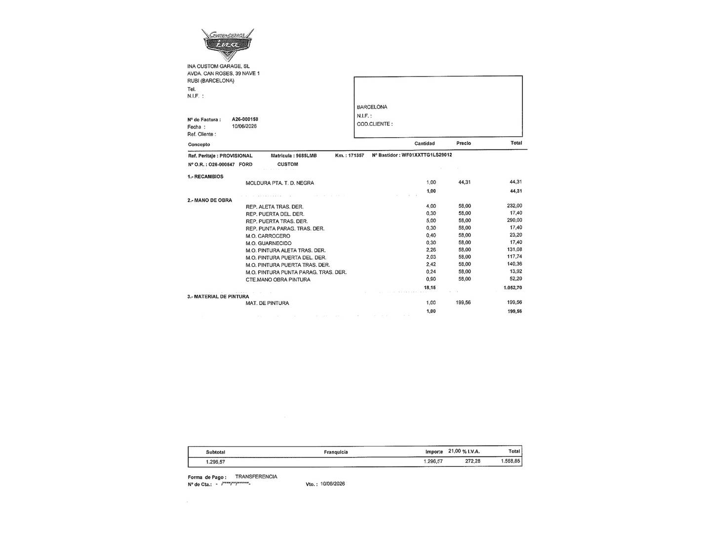 Foto del mantenimiento del Ford Transit Custom Ford Transit Custom Kombi 2.0 TDCI MHEV 320 L2 Trend (170 CV) 8 Plazas