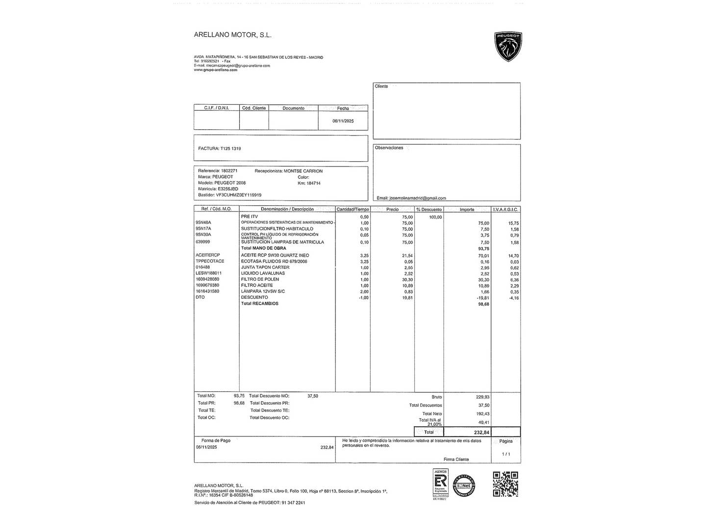 Foto del mantenimiento del Peugeot 2008 Peugeot 2008 VTI 82 Active ETG5 (82 CV)