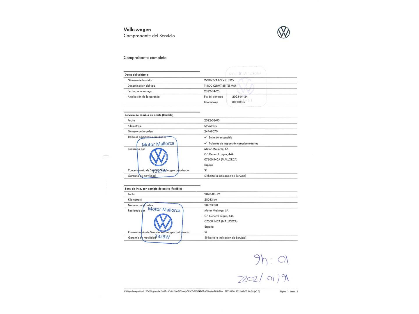 Foto del mantenimiento del Volkswagen T-Roc Volkswagen T-Roc Advance 1.0 TSI (115 CV)