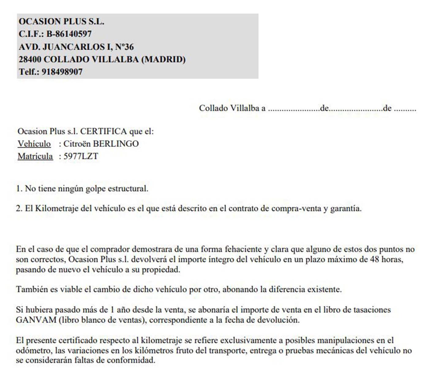 Foto del certificado del Citroën Berlingo Citroen Berlingo BlueHDi 100 S&S Talla M Shine (102 CV)