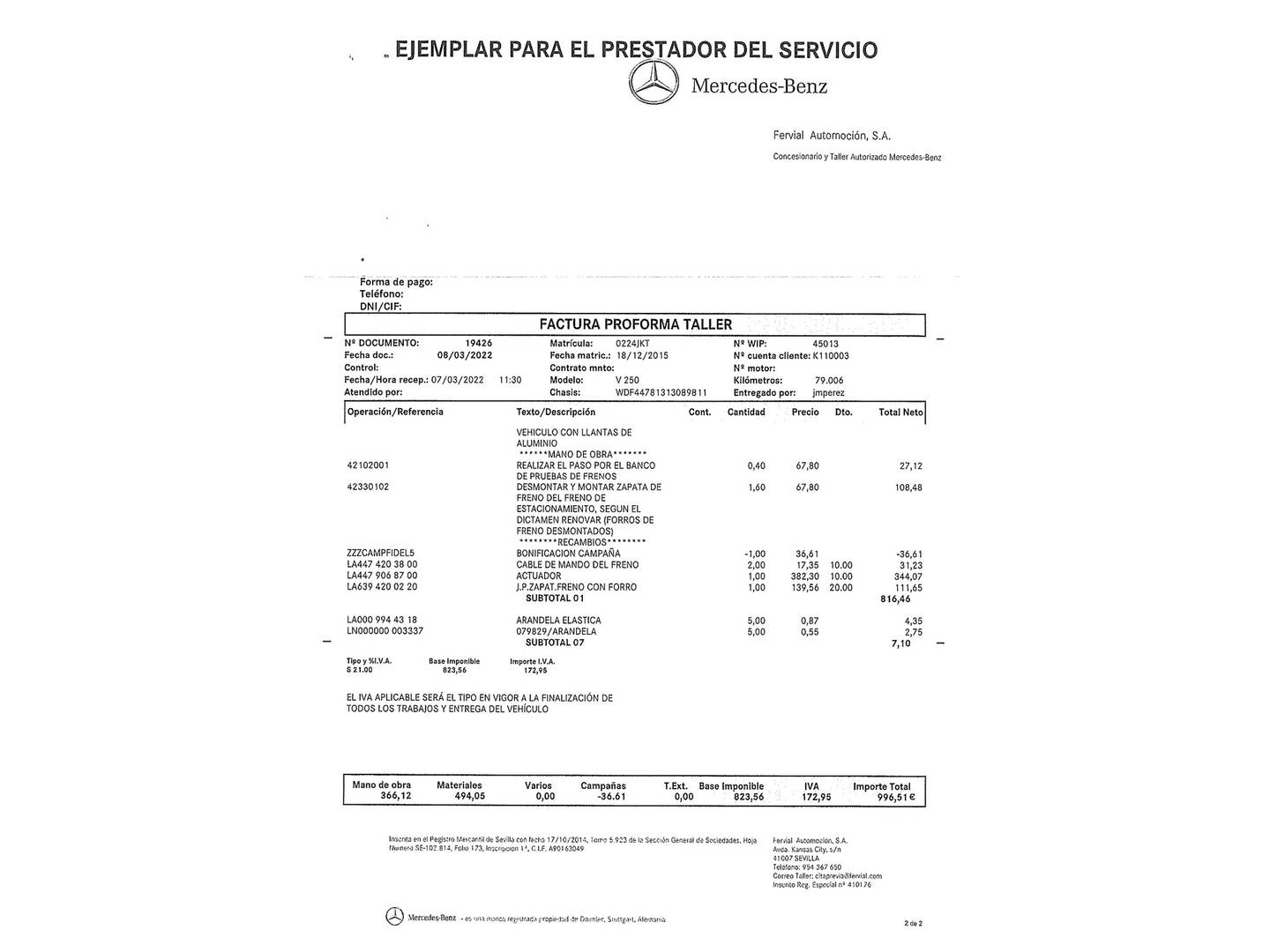 Foto del mantenimiento del Mercedes Clase V Mercedes Clase V V 220 CDI Largo (163 CV) 7 Plazas