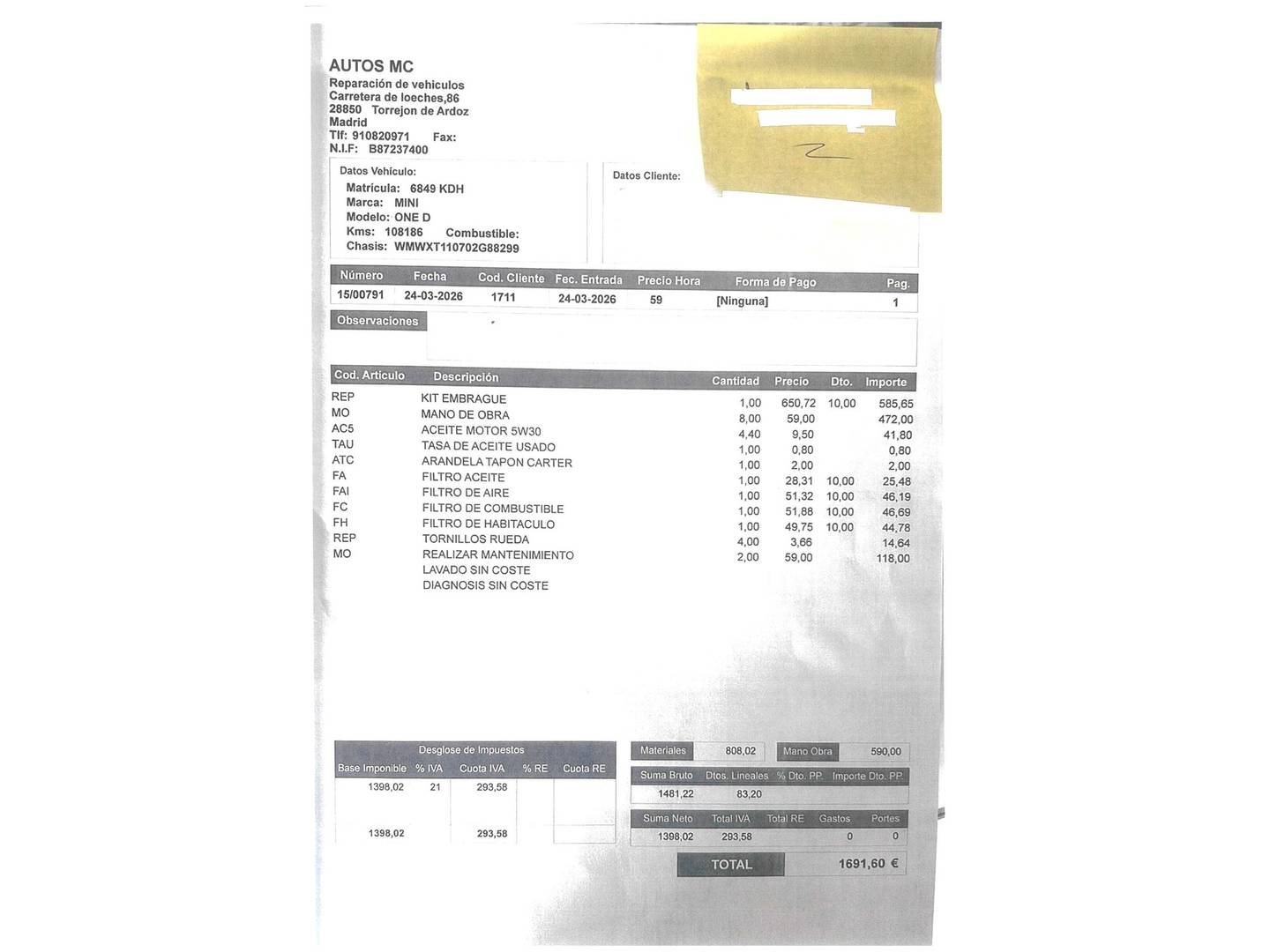 Foto del mantenimiento del Mini MINI Mini MINI Cooper 5 Puertas One D  (95 CV)