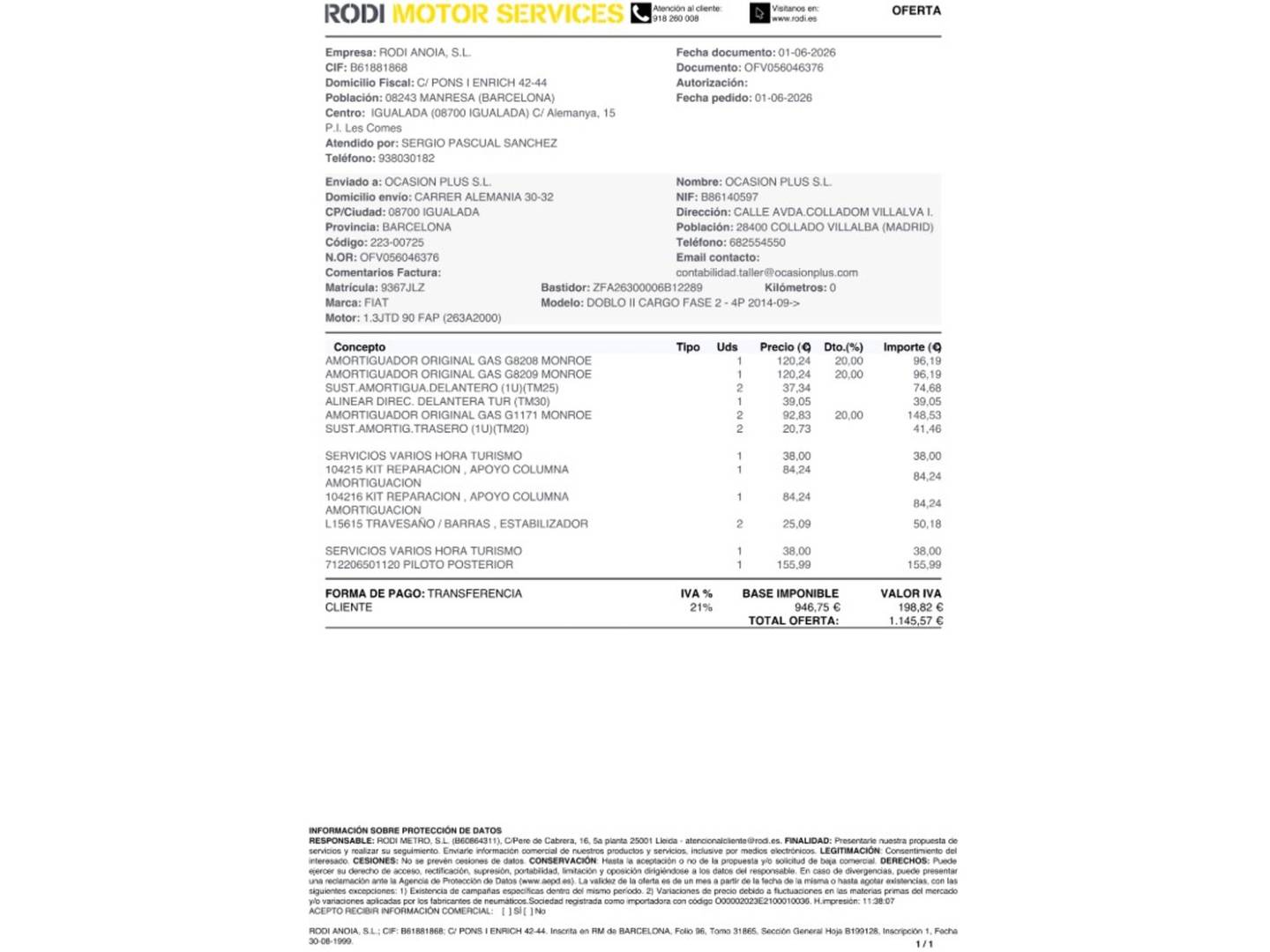 Foto del mantenimiento del Fiat Doblò Cargo Fiat Dobló Cargo 1.3 Multijet Base  (90 CV)