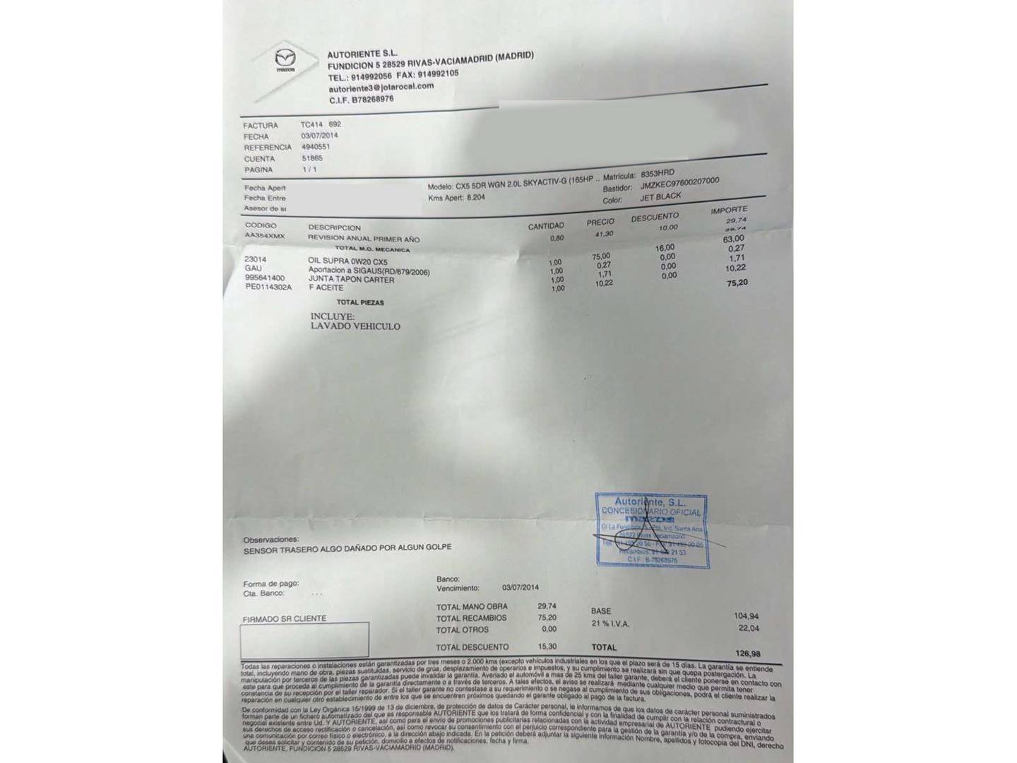 Foto del mantenimiento del Mazda CX-5 Mazda CX-5 2.0 GE 2WD Style (165 CV)