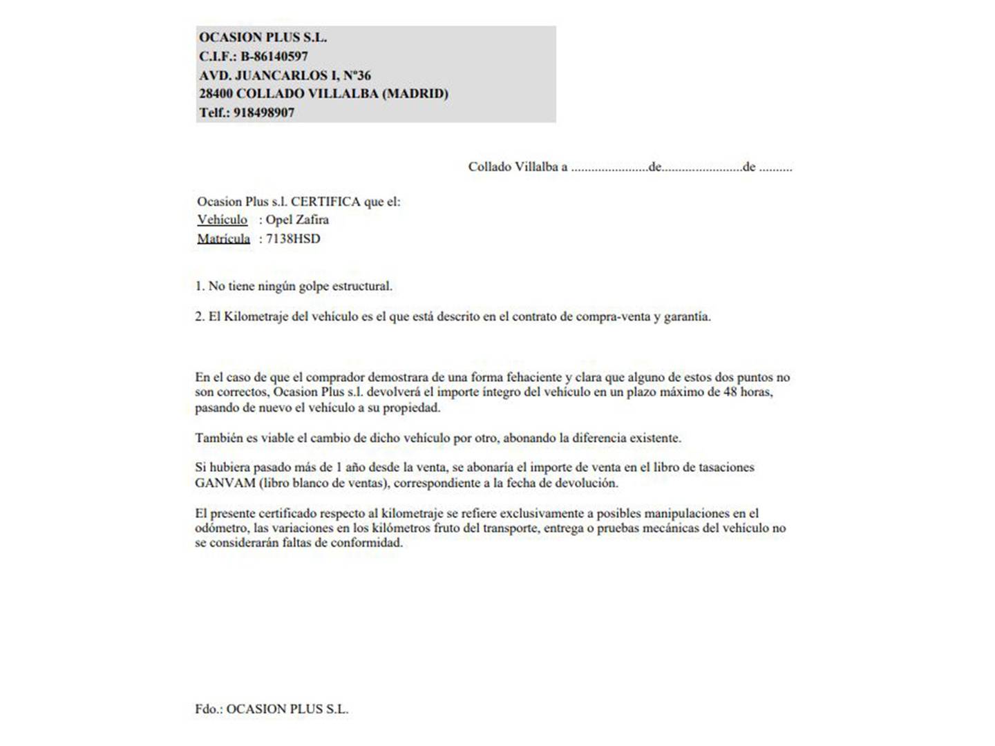 Foto del certificado del Opel Zafira Opel Zafira 1.6 16v Family (115 CV) 7 Plazas