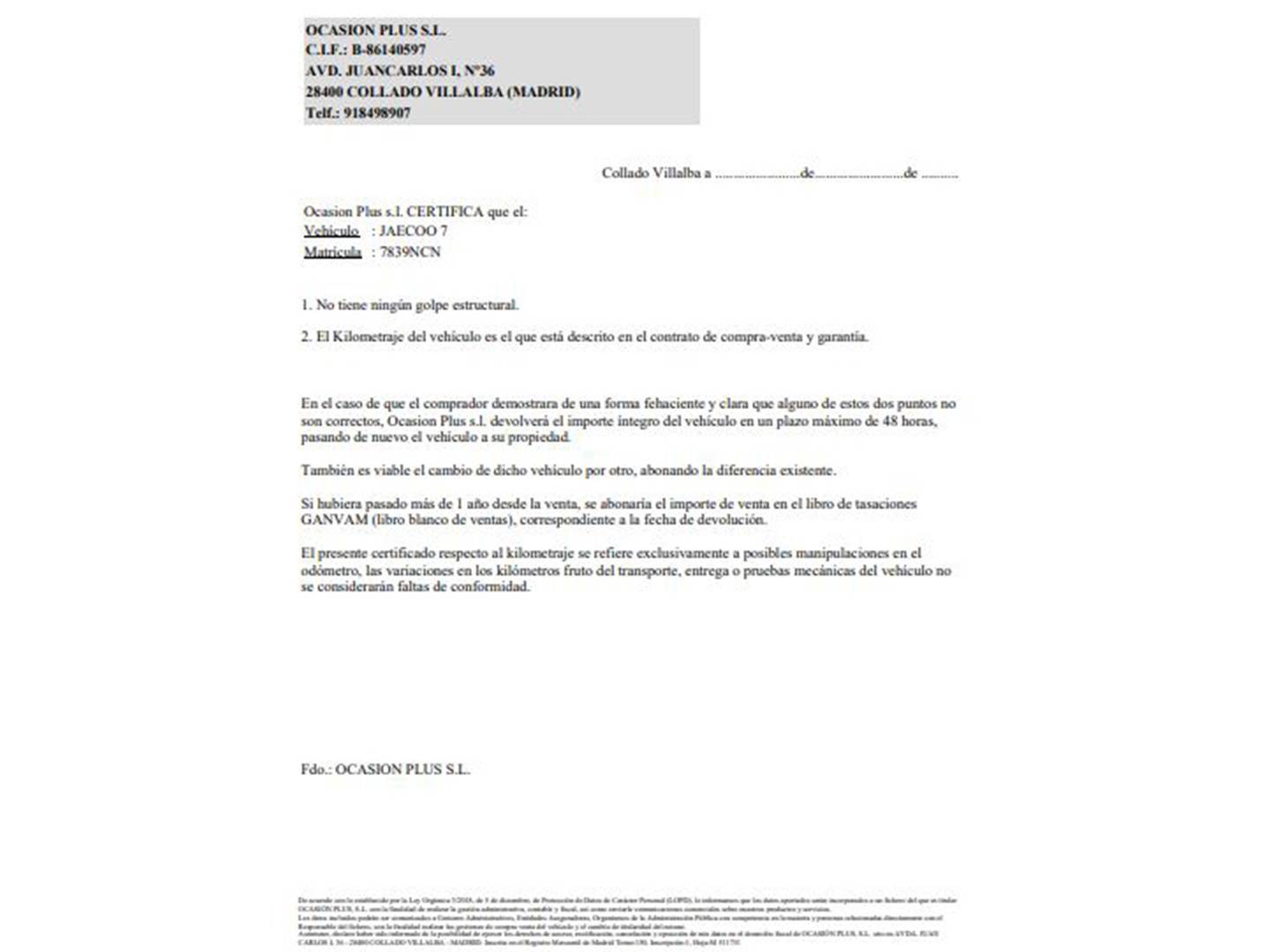 Foto del certificado del JAECOO 7 JAECOO 7 1.6 TGDI Select FWD (145 CV)